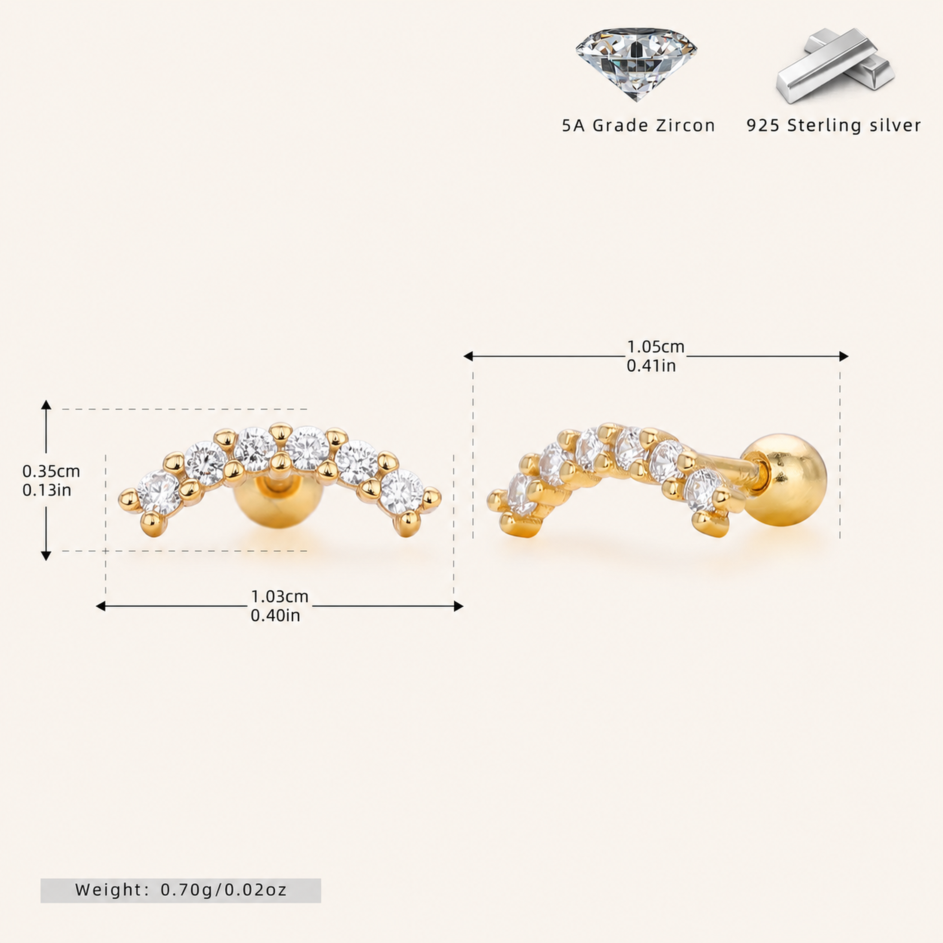 Sterling Silver Moon Pavé Zirconia Flat Back Earrings - Gold