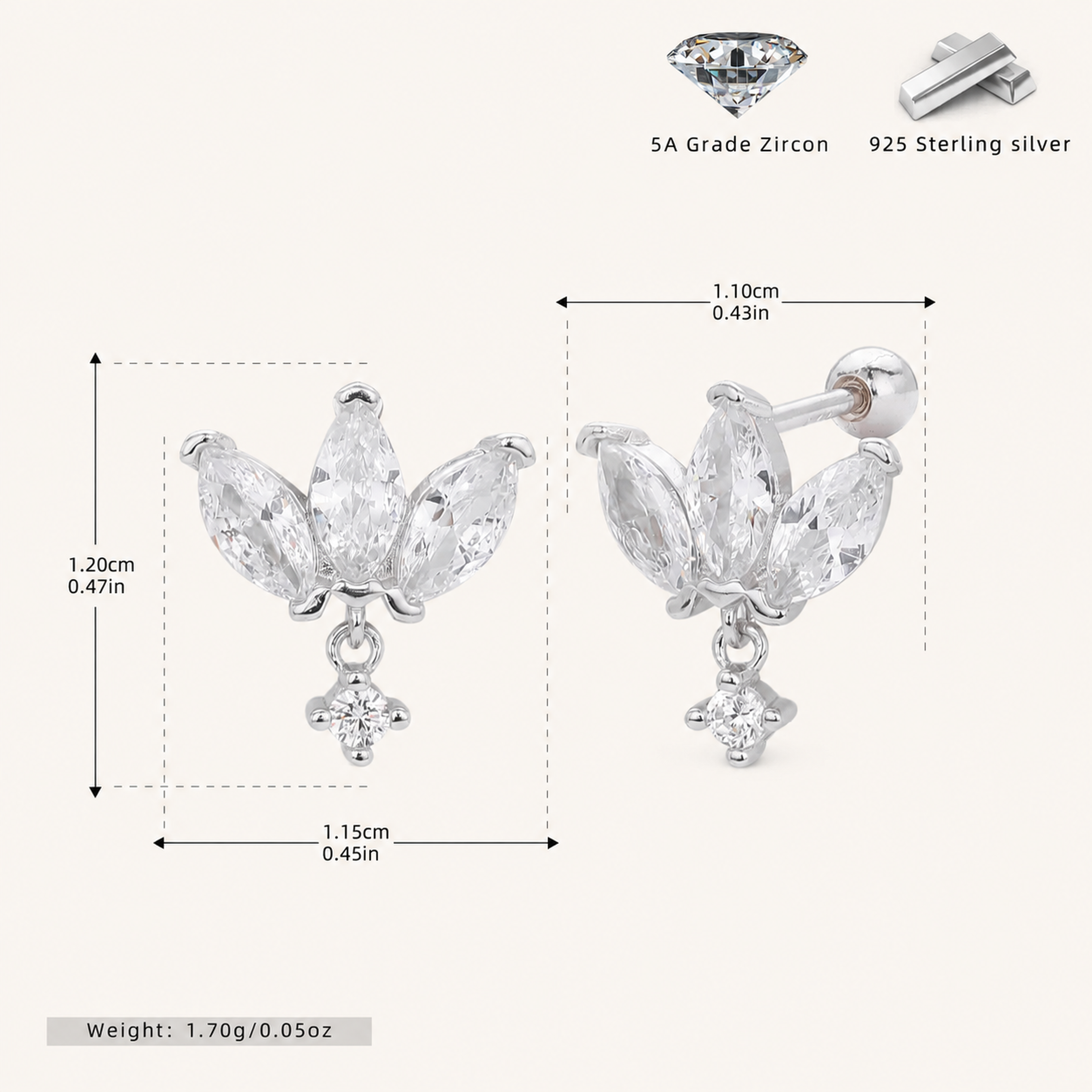 Sterling Silver Zirconia Crown Flat Back Earrings - Platinum