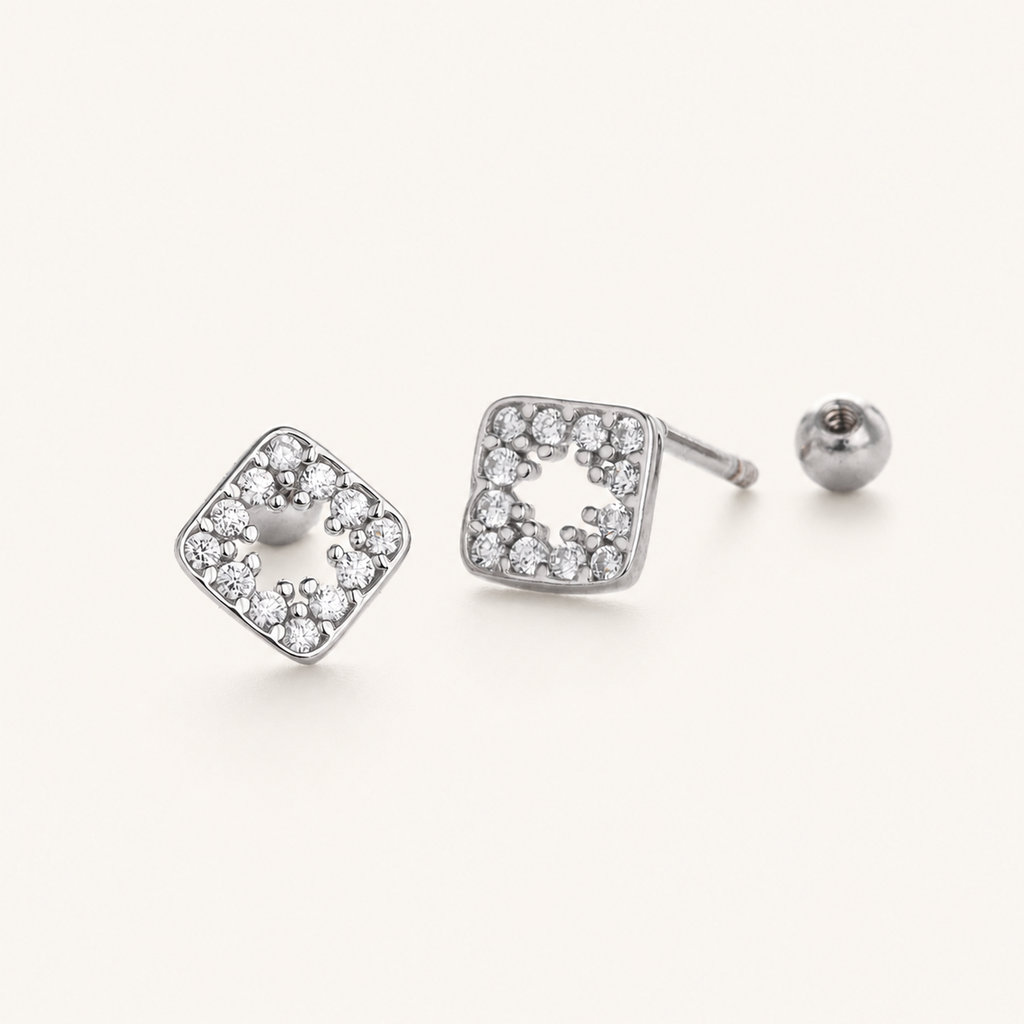 Sterling Silver Openwork Diamond Zirconia Flat Back Earrings detail view