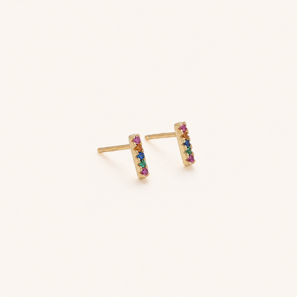 Sterling Silver Rainbow Rectangle Zirconia Stud Earrings detail