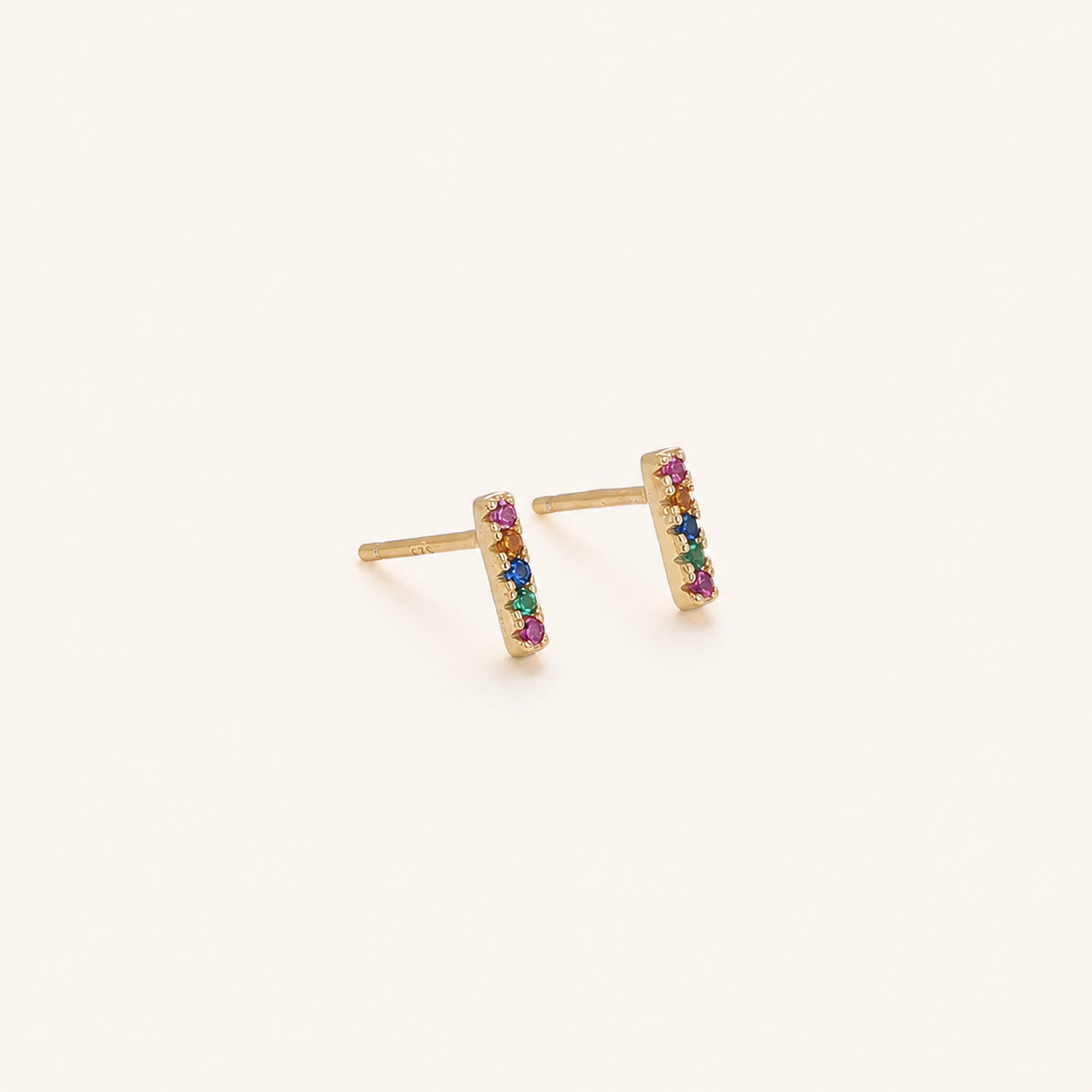 Sterling Silver Rainbow Rectangle Zirconia Stud Earrings detail
