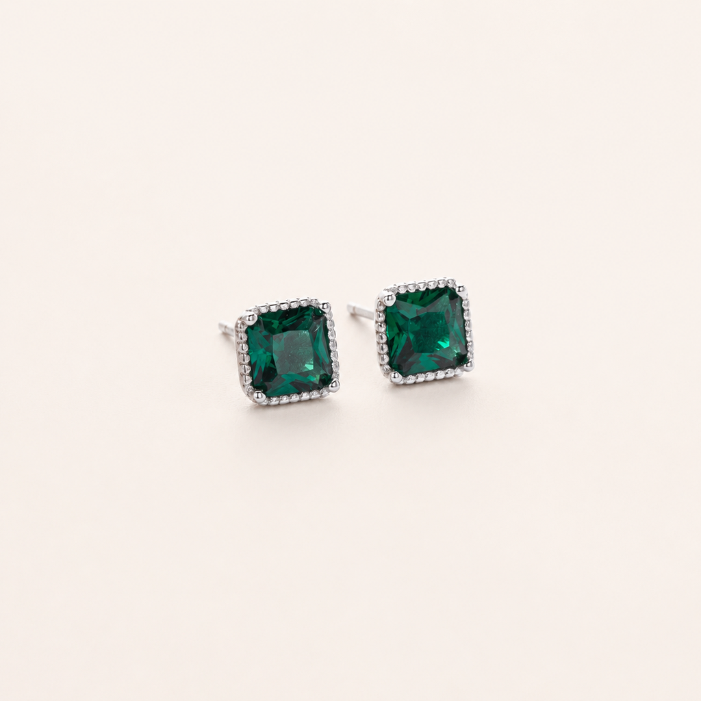 Sterling Silver Square Emerald-Green Zirconia Stud Earrings detail view
