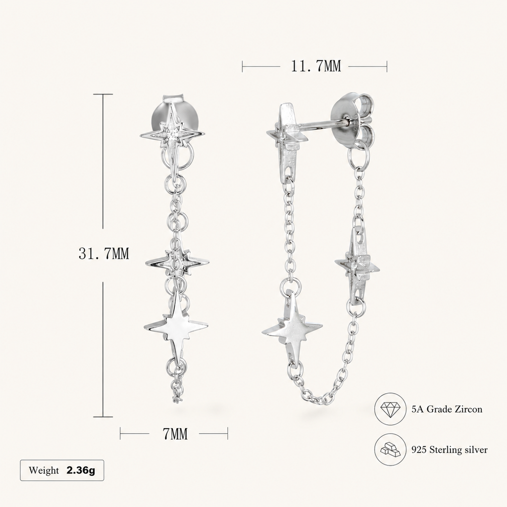 Sterling Silver Star Zirconia Tassel Drop Stud Earrings - Platinum