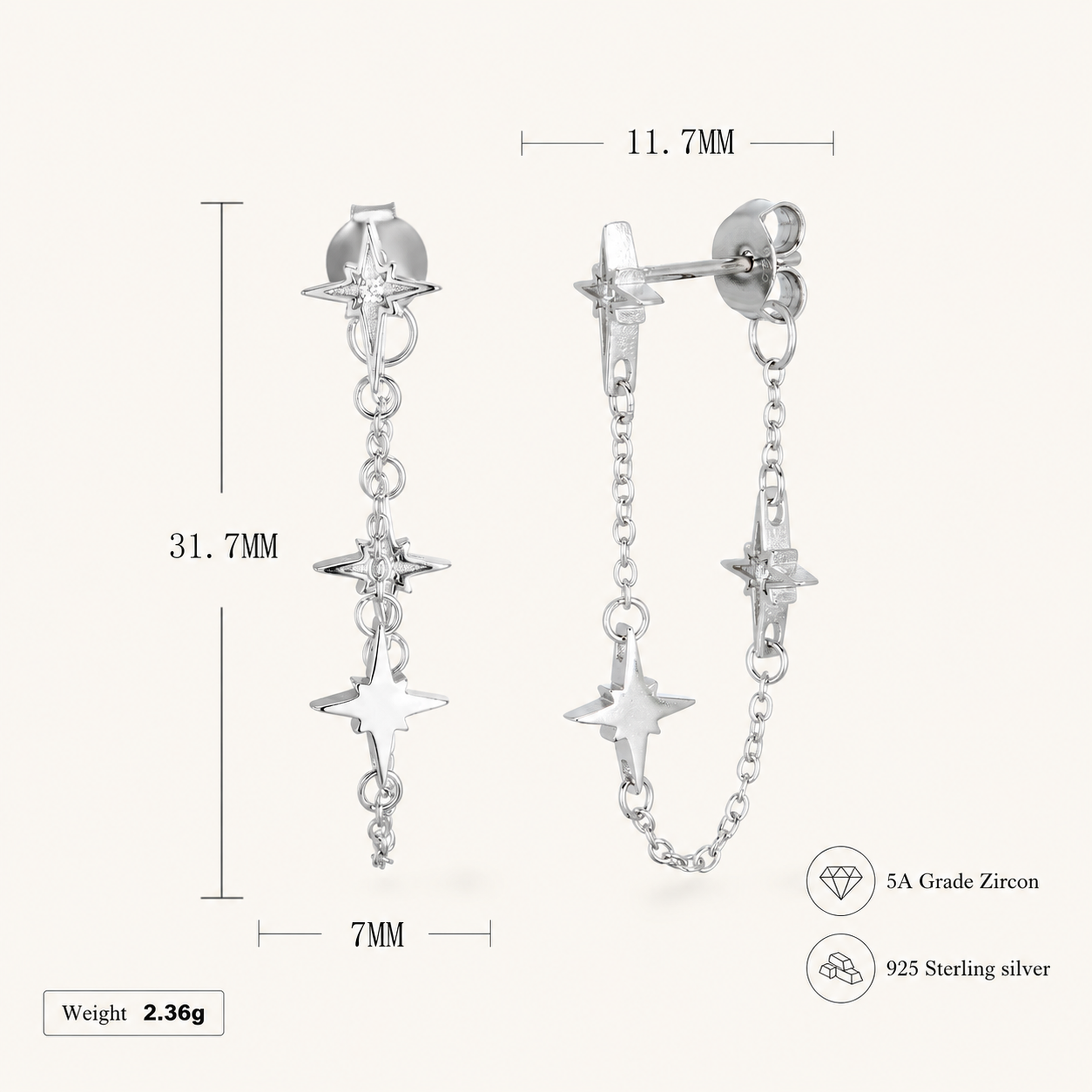 Sterling Silver Star Zirconia Tassel Drop Stud Earrings - Platinum