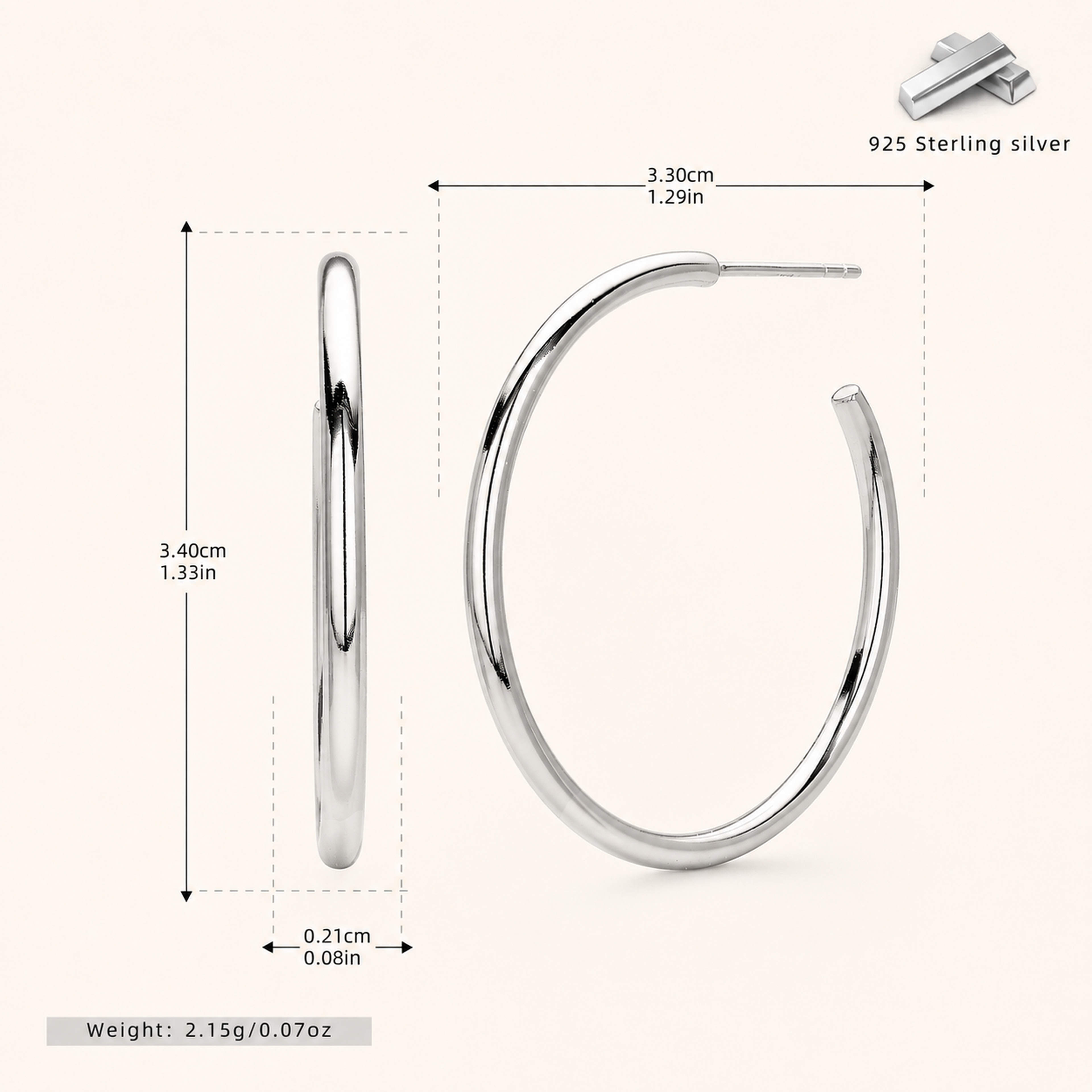 Sterling Silver Polished Round Hoop Earrings - Platinum / 30mm