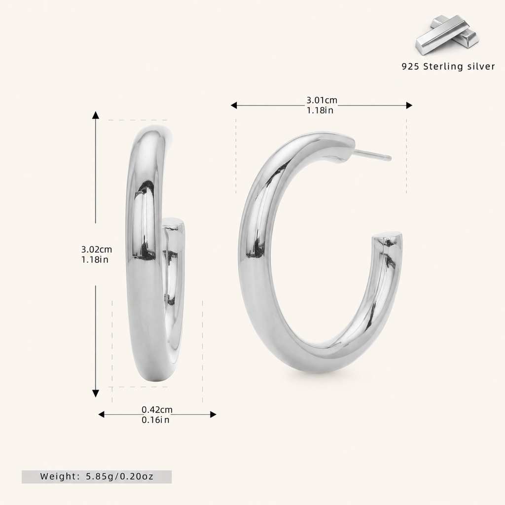 Sterling Silver Polished C-Shape Hoop Earrings - Platinum / 30mm
