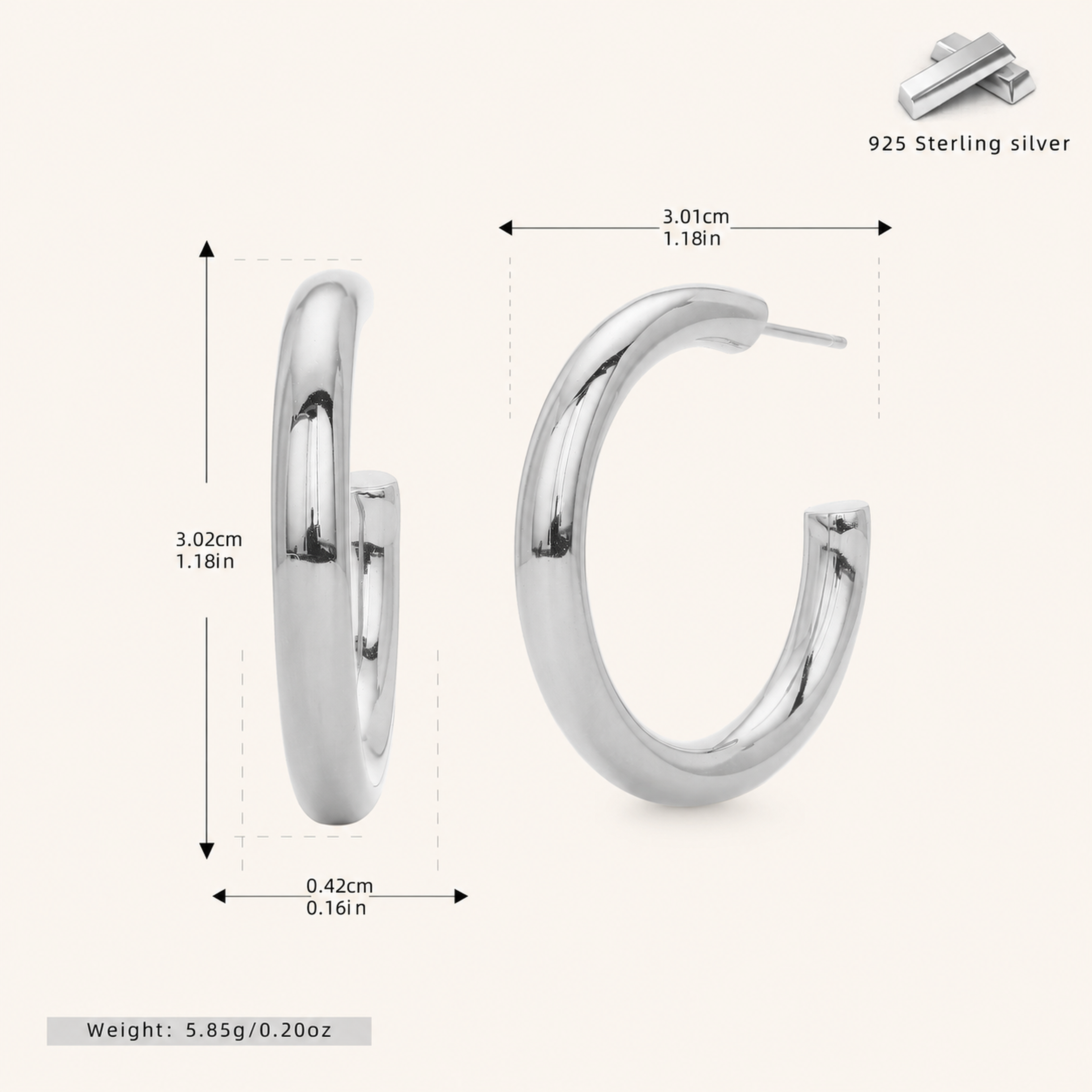 Sterling Silver Polished C-Shape Hoop Earrings - Platinum / 30mm