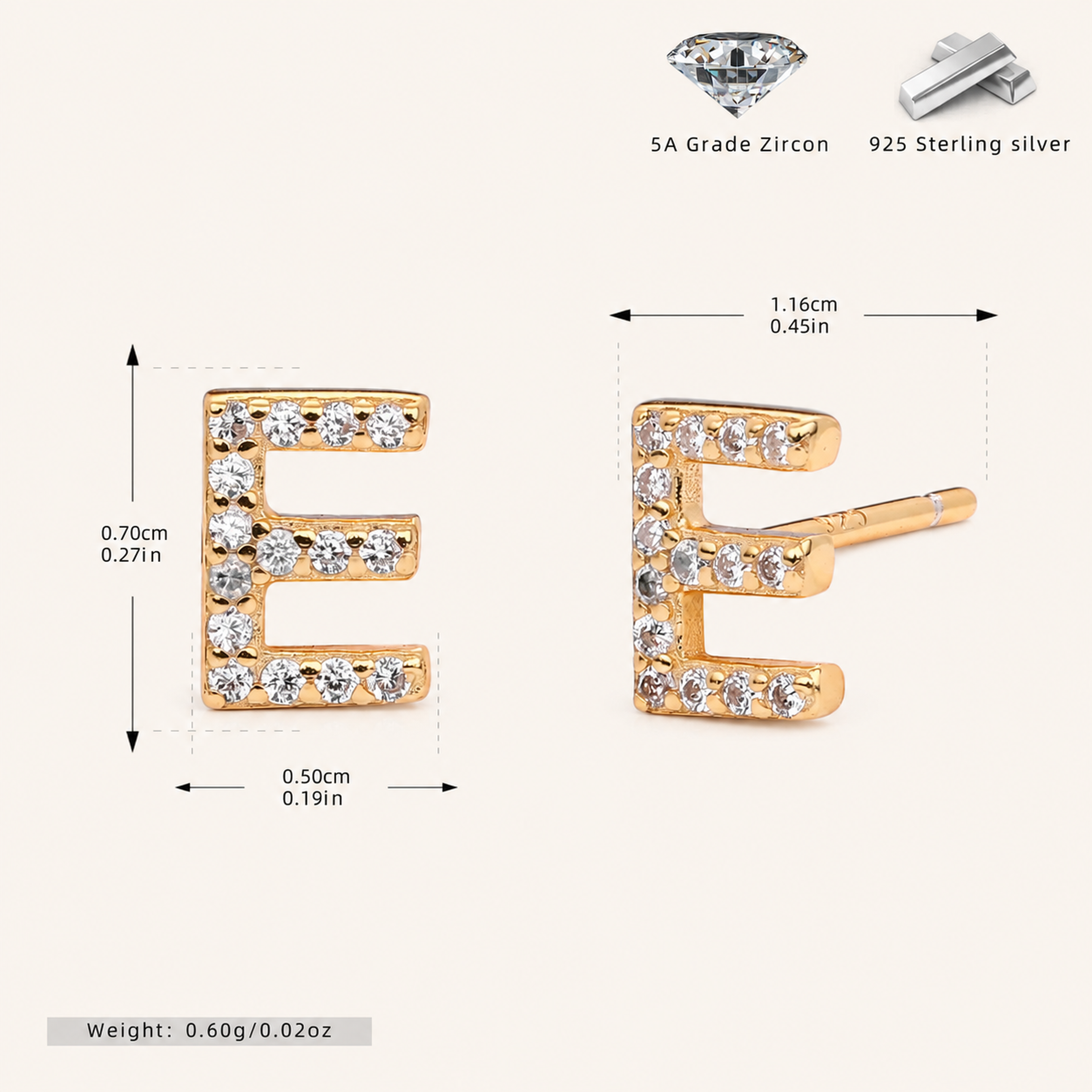 Sterling Silver Pave Initial Letter Stud Earrings - Gold / E