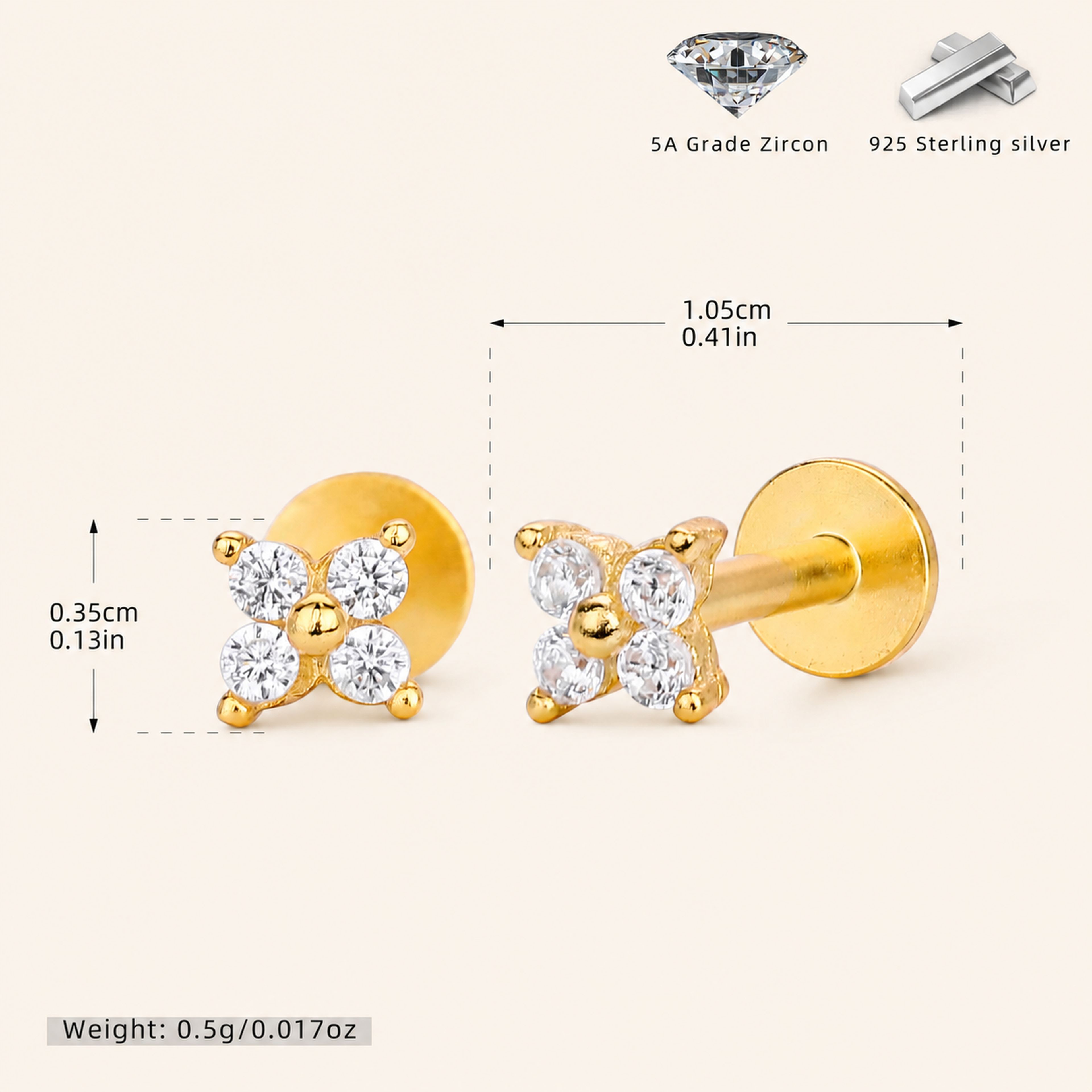 Sterling Silver Four-Leaf Clover Zirconia Flat Back Earrings - Gold / 3.5mm