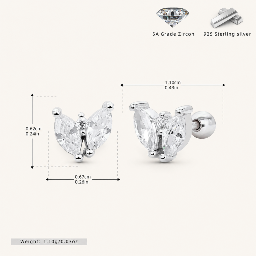 Sterling Silver Marquise Zirconia Butterfly Flat Back Earrings - Platinum
