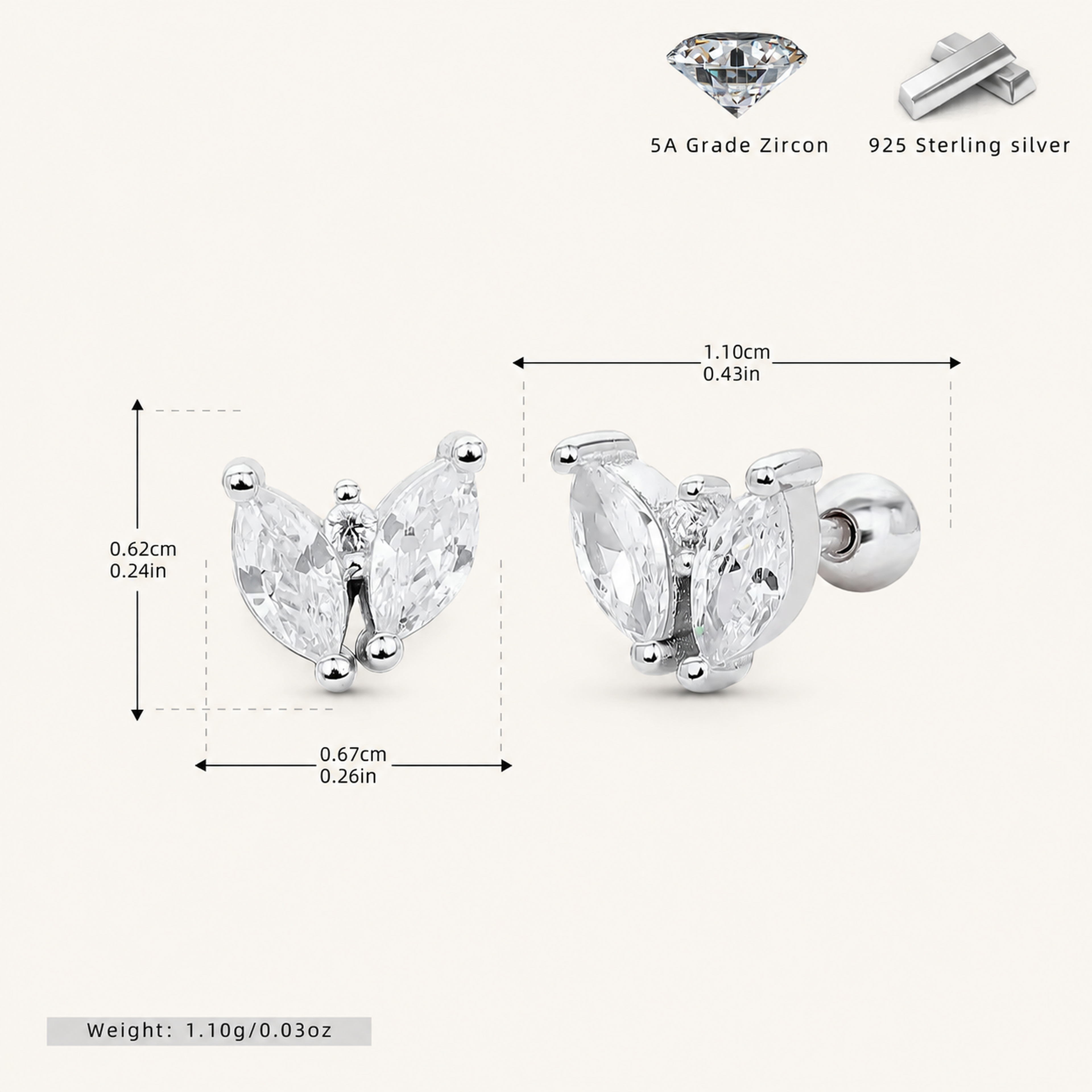 Sterling Silver Marquise Zirconia Butterfly Flat Back Earrings - Platinum