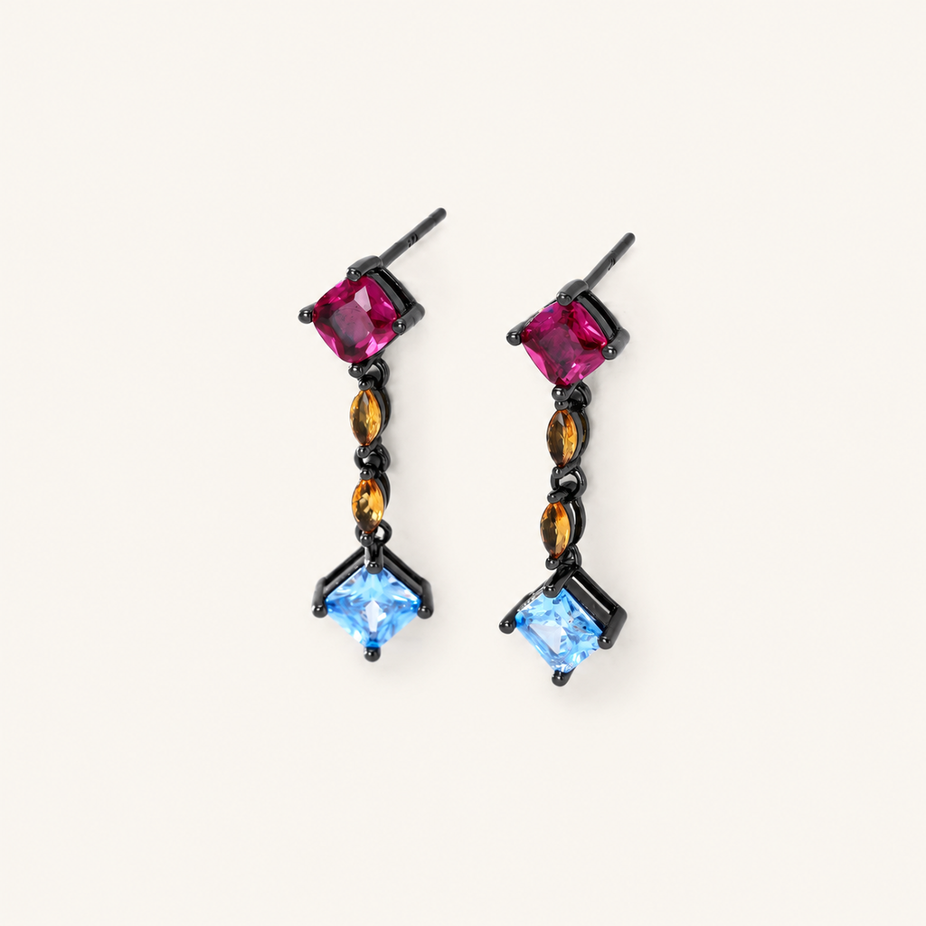 Sterling Silver Square Zirconia Tassel Drop Stud Earrings detail view