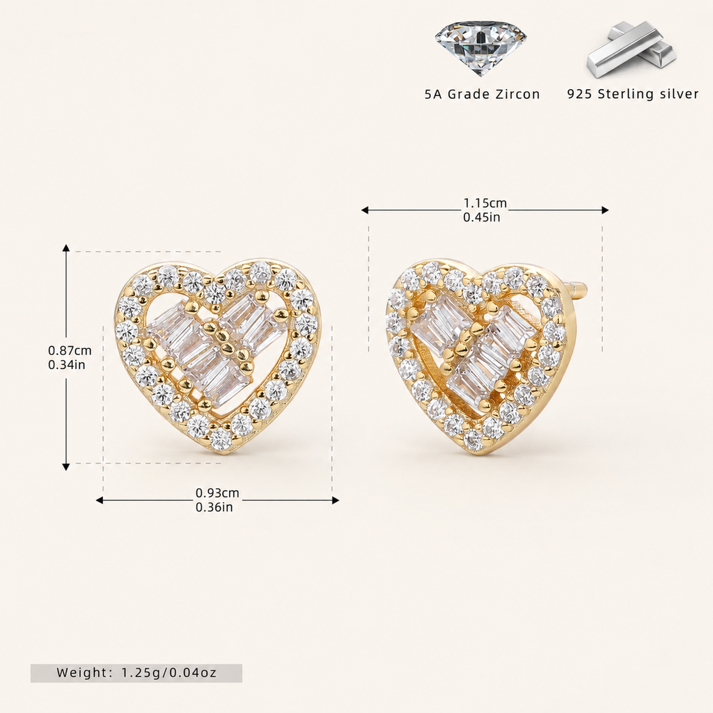 Sterling Silver Zirconia Heart Stud Earrings - Gold
