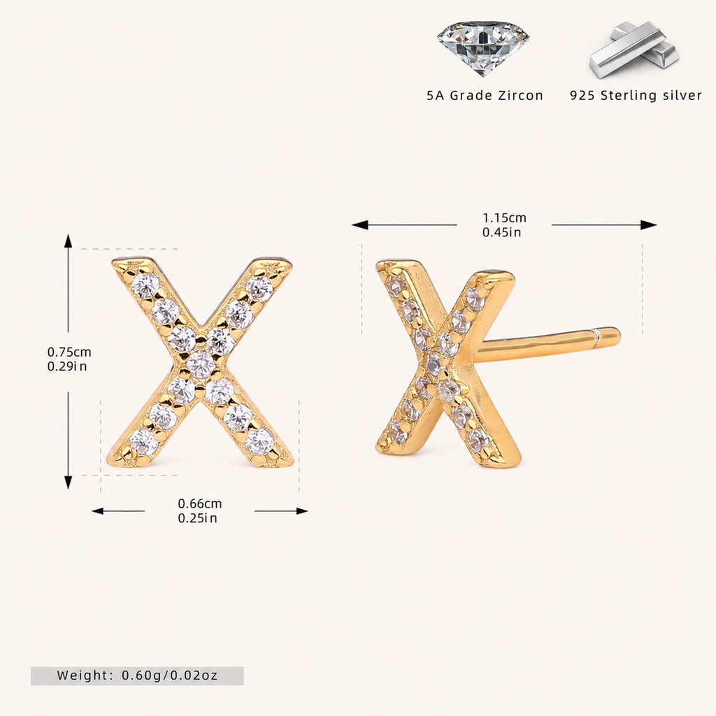 Sterling Silver Pave Initial Letter Stud Earrings - Gold / X