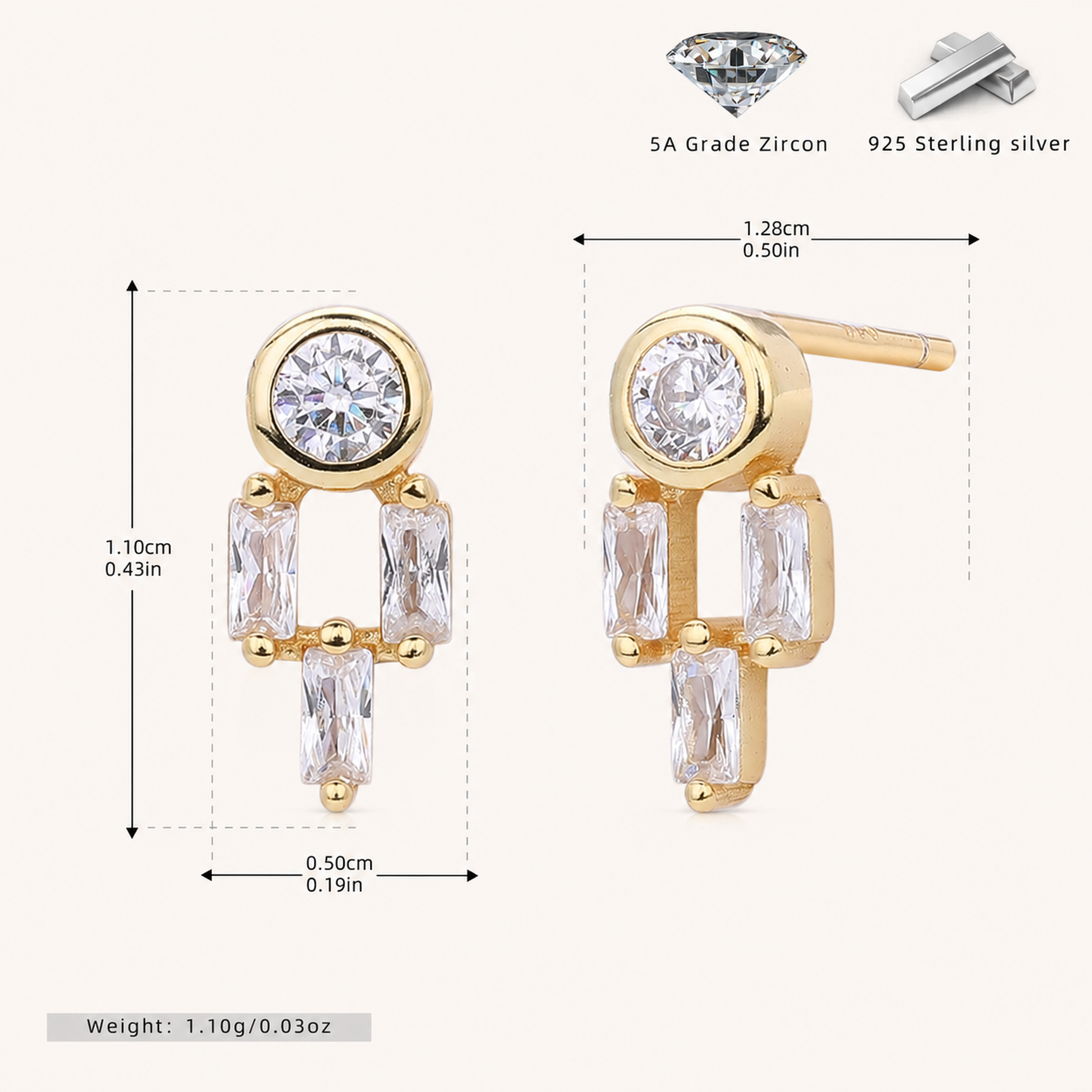Sterling Silver Dainty Zirconia Stud Earrings - Gold