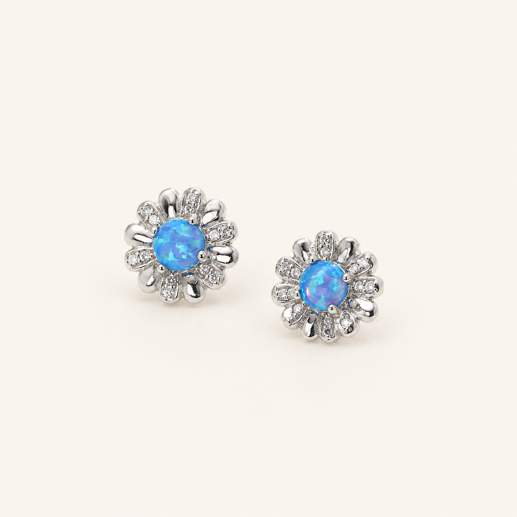 Sterling Silver Opal Flower Stud Earrings detail