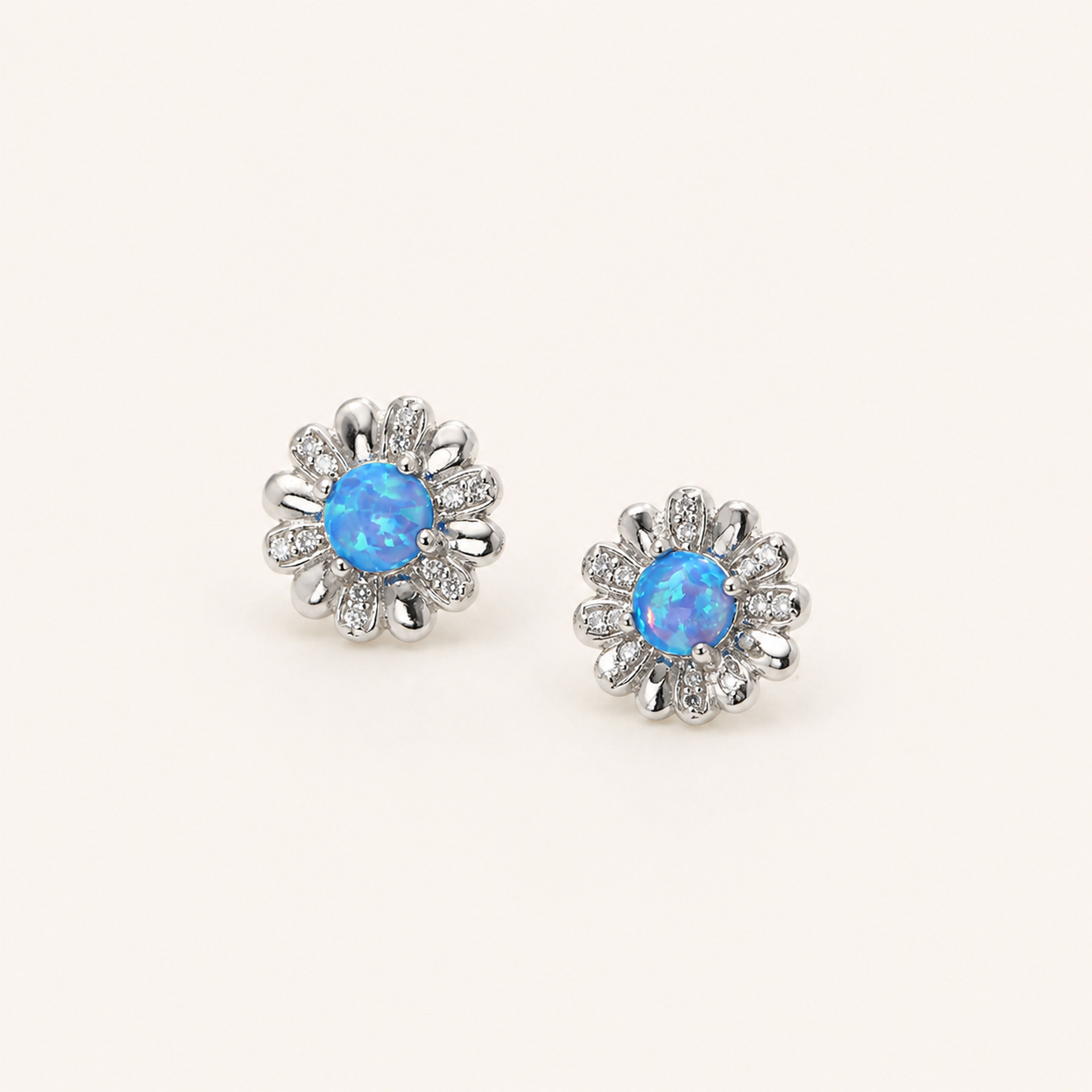 Sterling Silver Opal Flower Stud Earrings detail