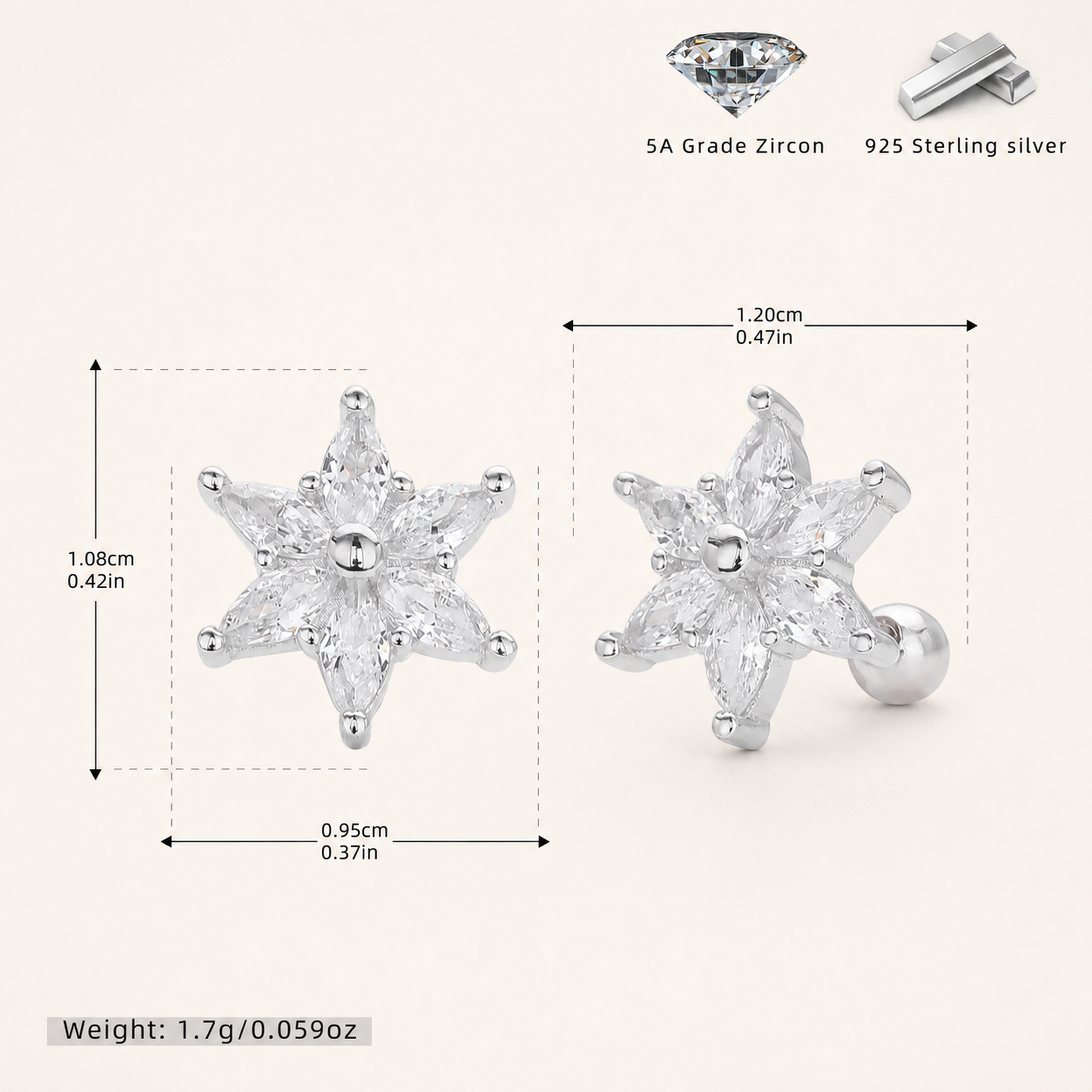 Sterling Silver Zirconia Flower Flat Back Earrings - Platinum