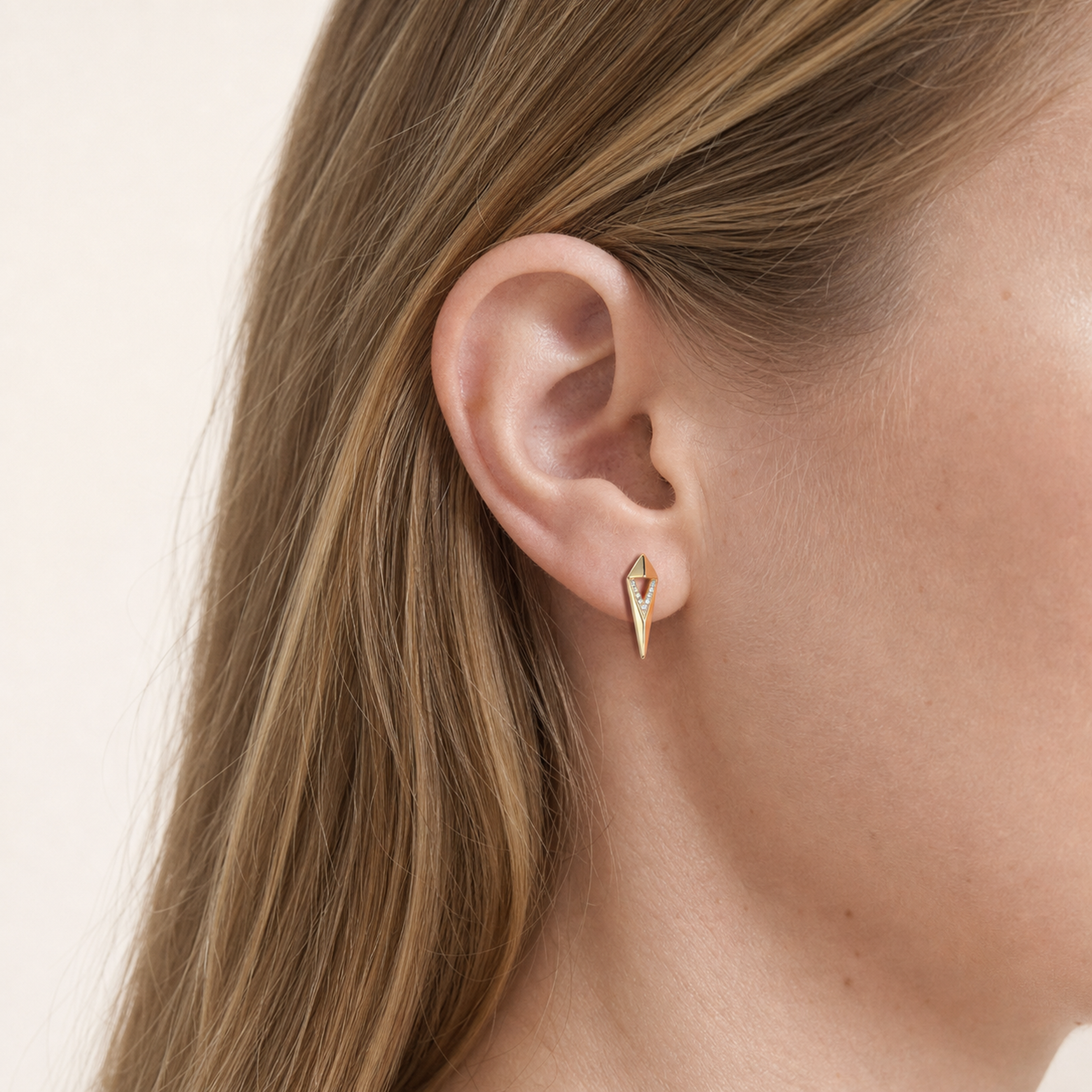 Sterling Silver Geometric Rhombus Zirconia Stud Earrings worn on the ear
