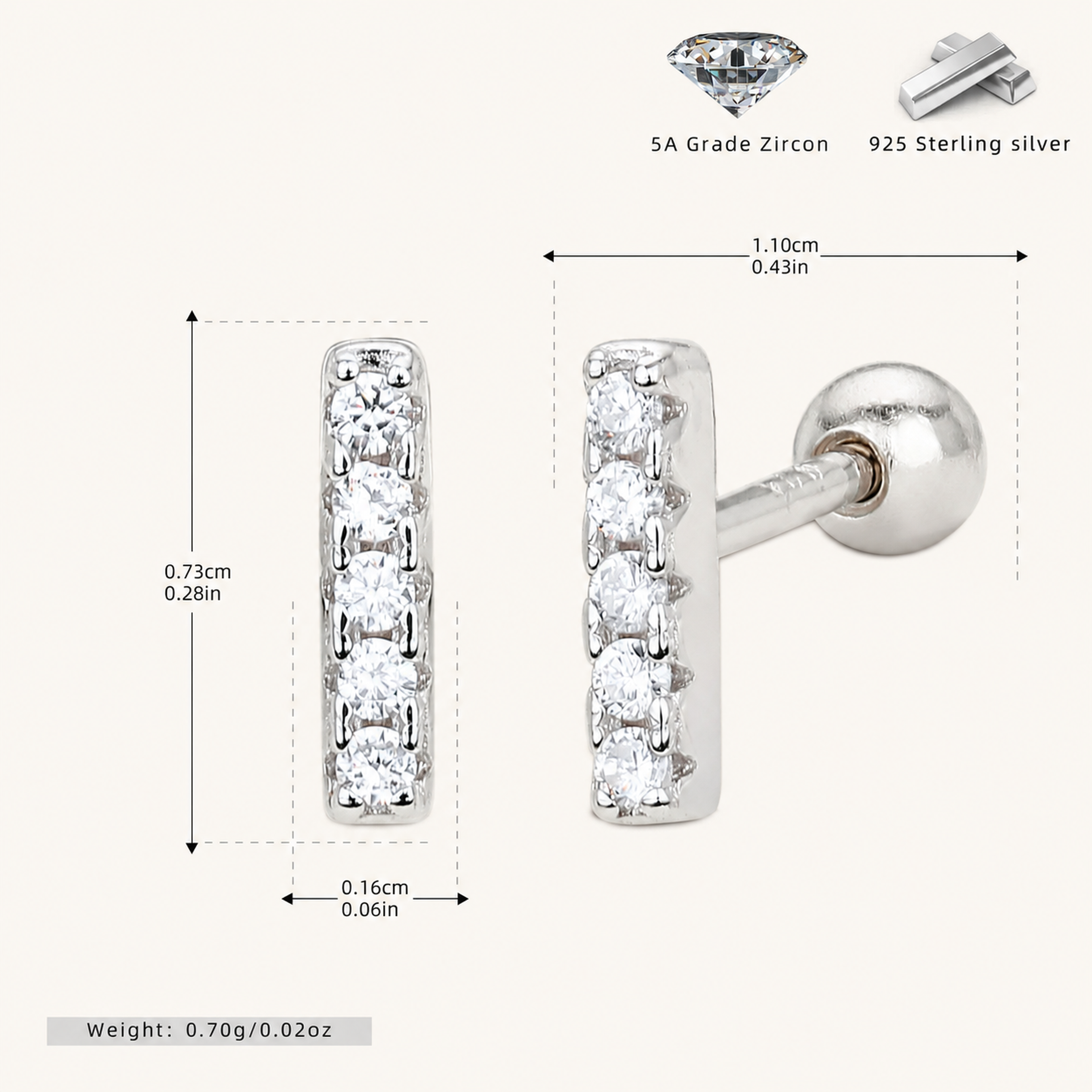 Sterling Silver Zirconia Bar Row Flat Back Earrings - Platinum