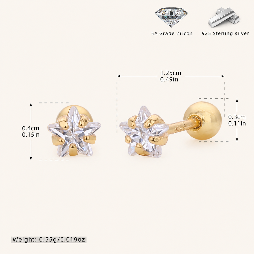 Sterling Silver Five-Point Star Zirconia Flat Back Earrings - Gold / 4mm