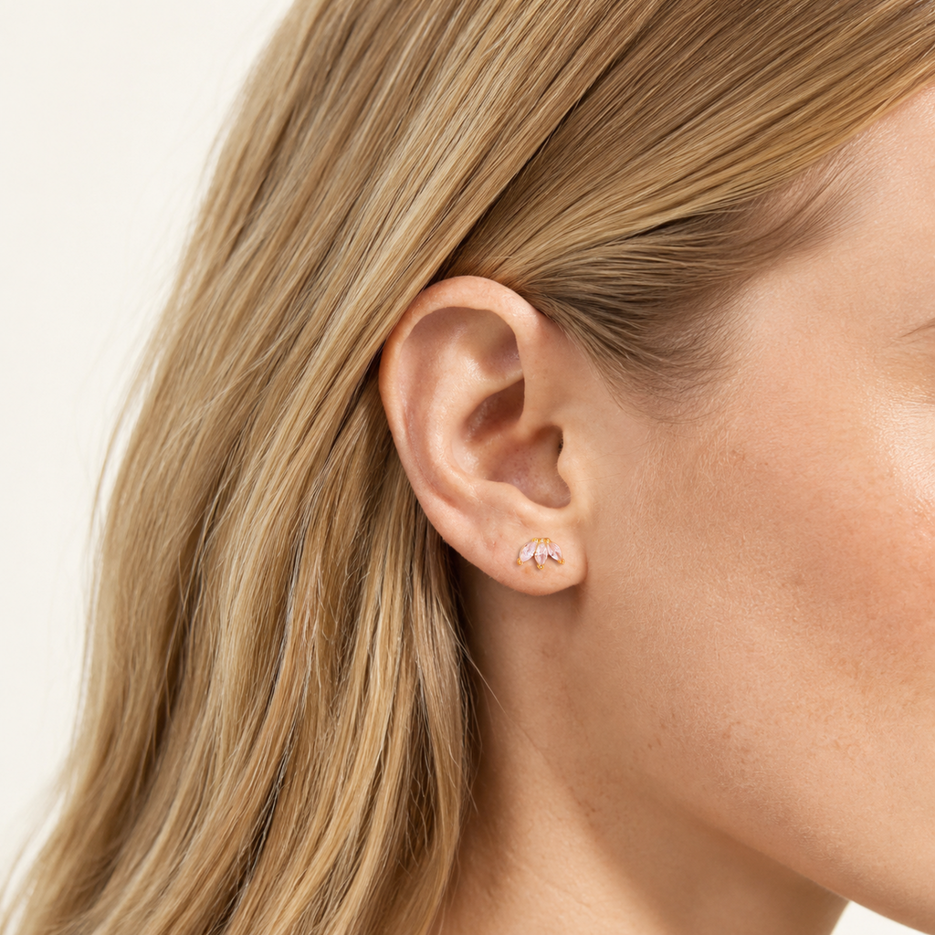 Sterling Silver Marquise Zirconia Crown Stud Earrings worn on the ear