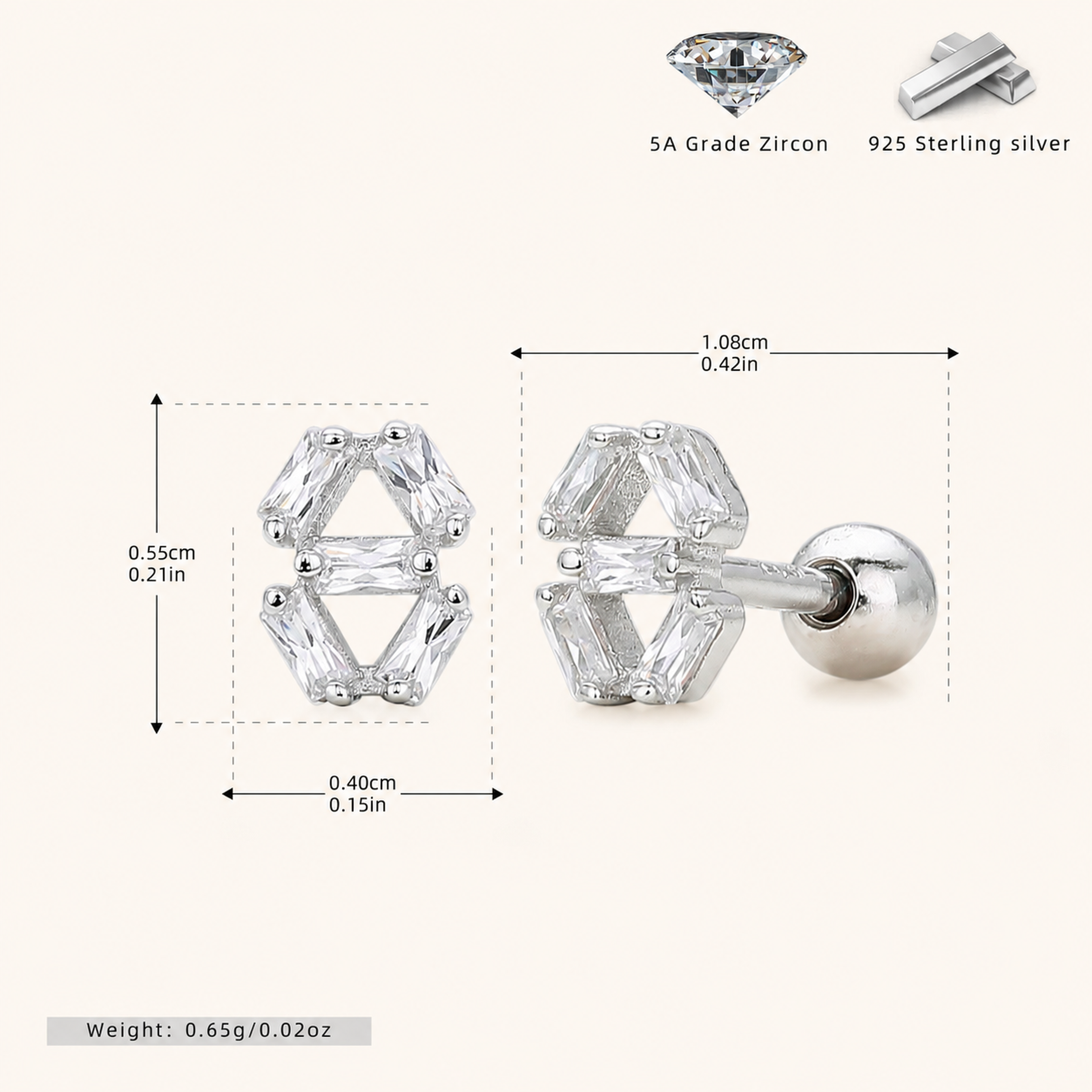 Sterling Silver Square Zirconia Flat Back Earrings - Platinum