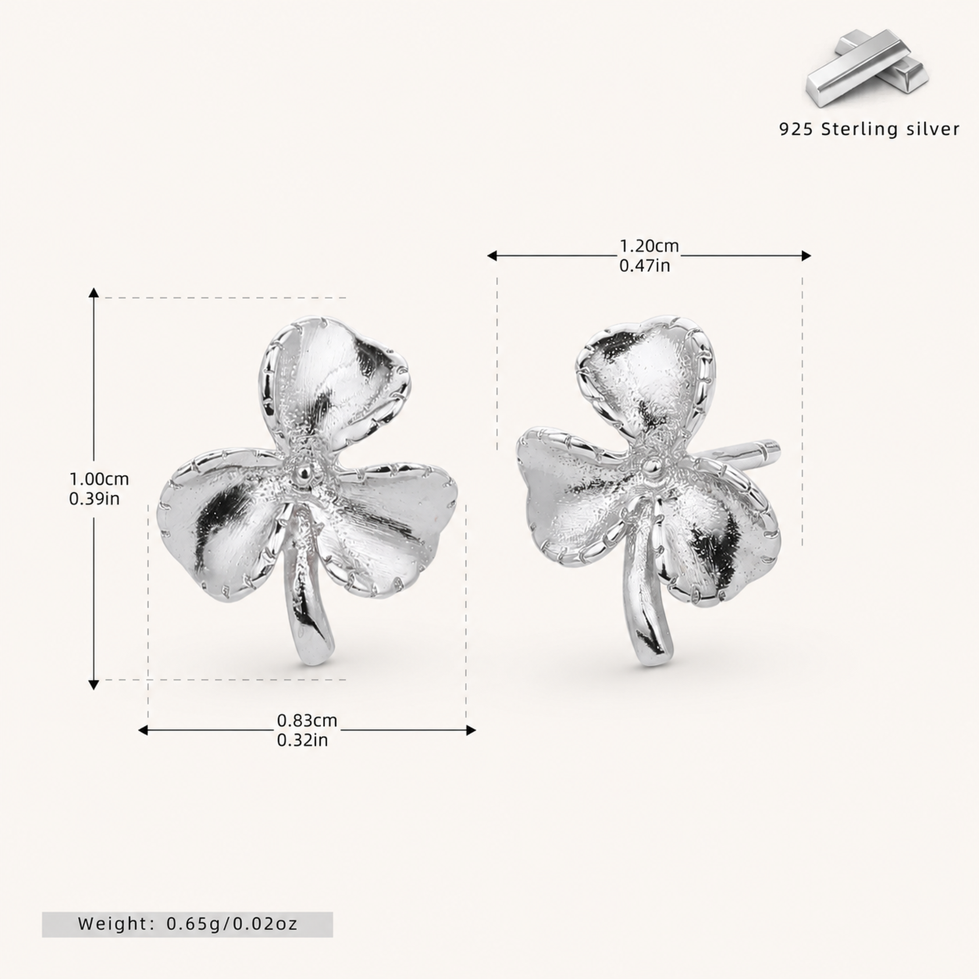 Sterling Silver Three-Leaf Clover Stud Earrings - Platinum