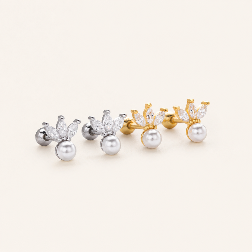 Sterling Silver Crown Pearl Zirconia Flat Back Earrings detail