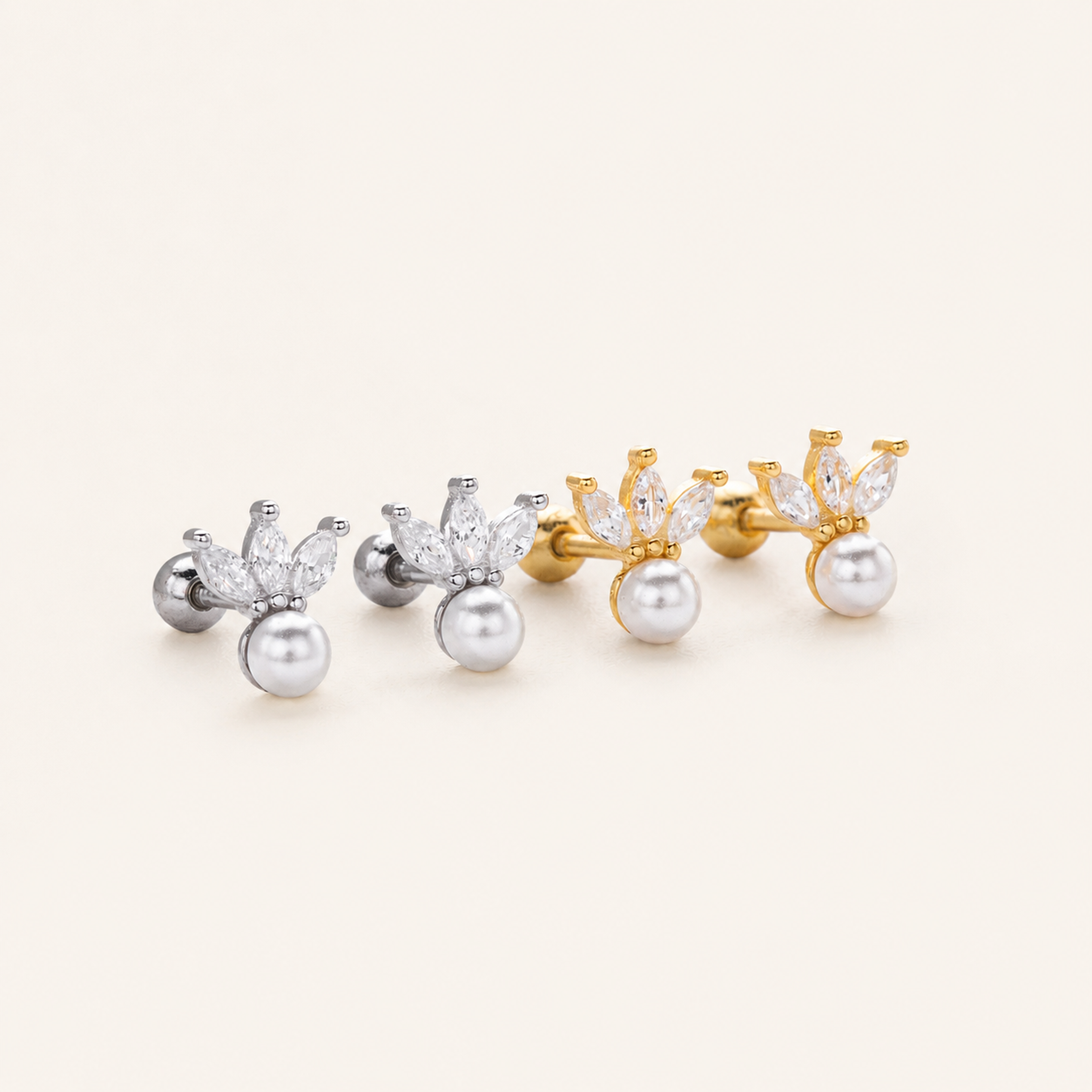 Sterling Silver Crown Pearl Zirconia Flat Back Earrings detail