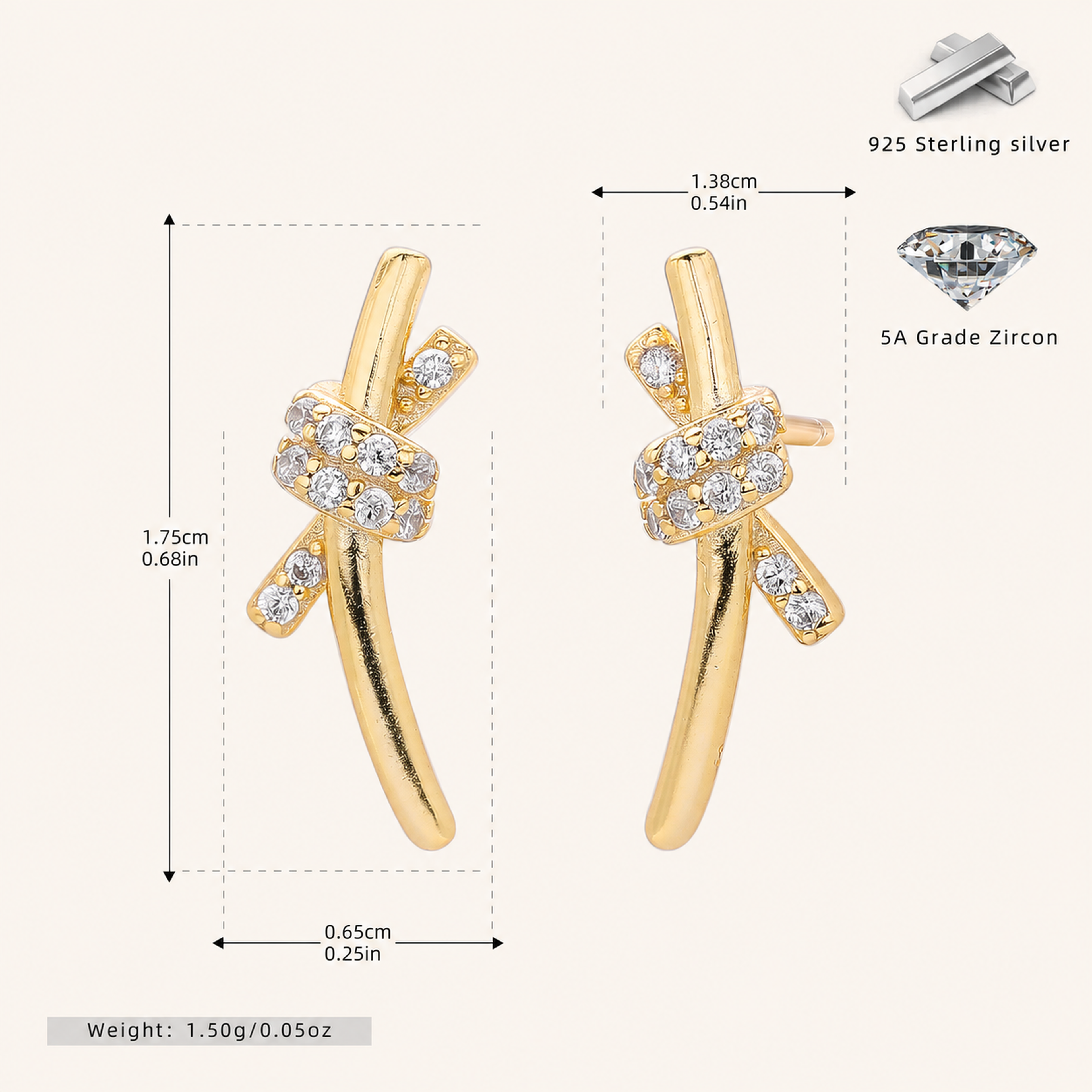 Sterling Silver Pave Zirconia Knot Stud Earrings - Gold