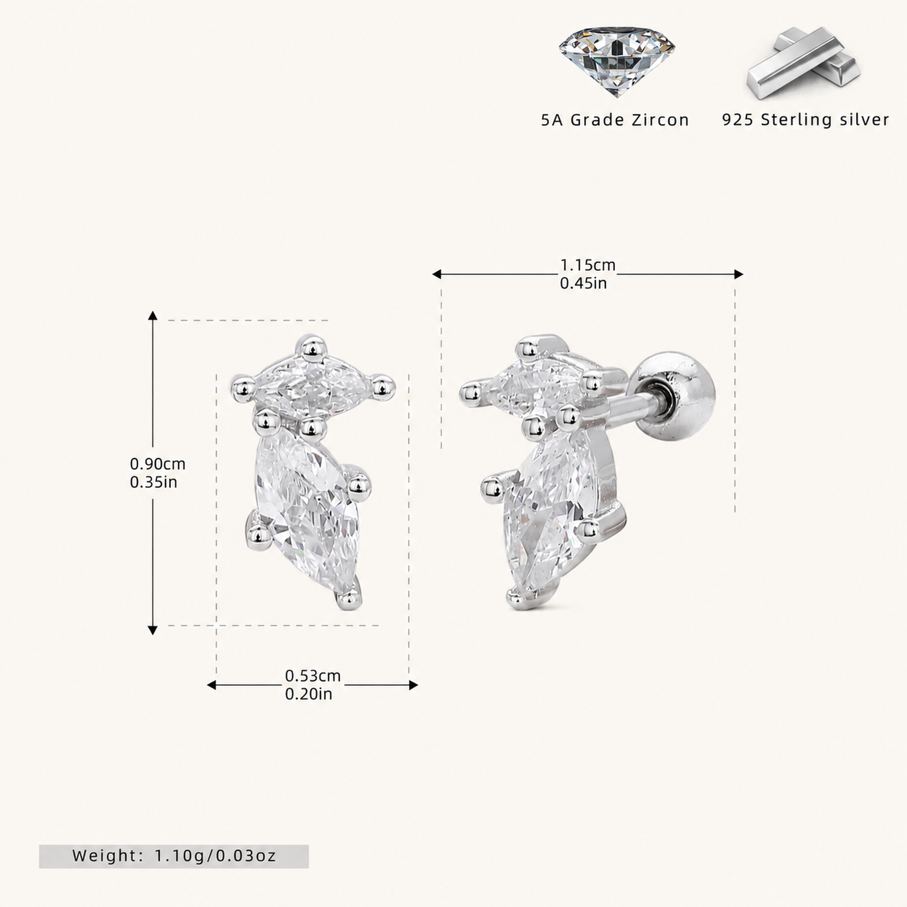 Sterling Silver Zirconia Solitaire Flat Back Earrings - Platinum