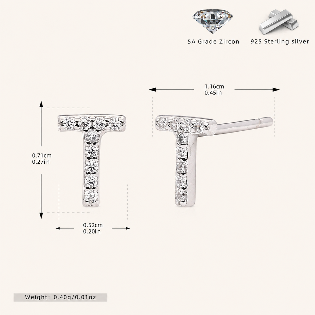 Sterling Silver Pave Initial Letter Stud Earrings - Platinum / T