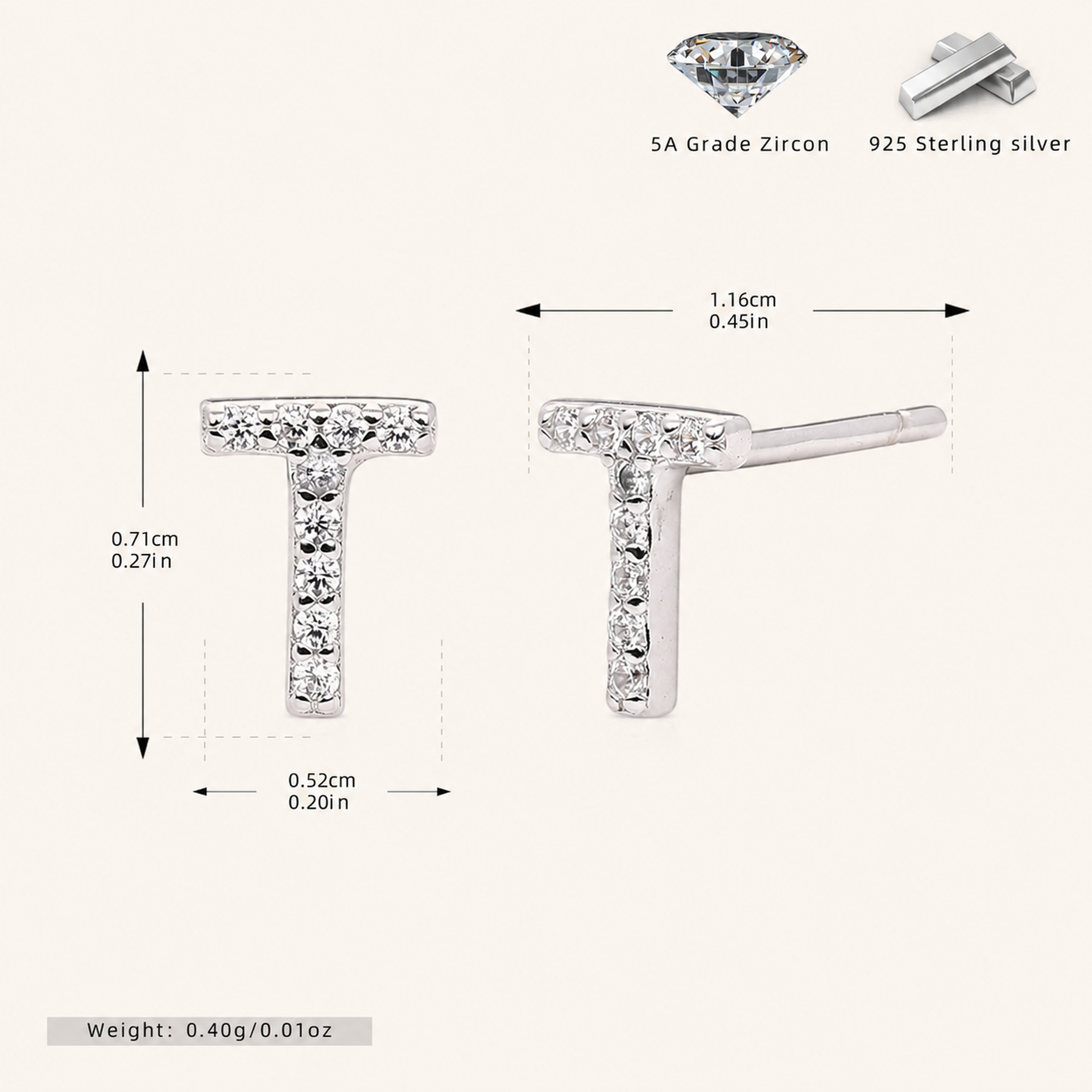Sterling Silver Pave Initial Letter Stud Earrings - Platinum / T