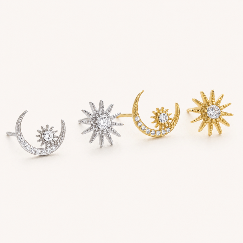 Sterling Silver Zirconia Star and Moon Stud Earrings detail