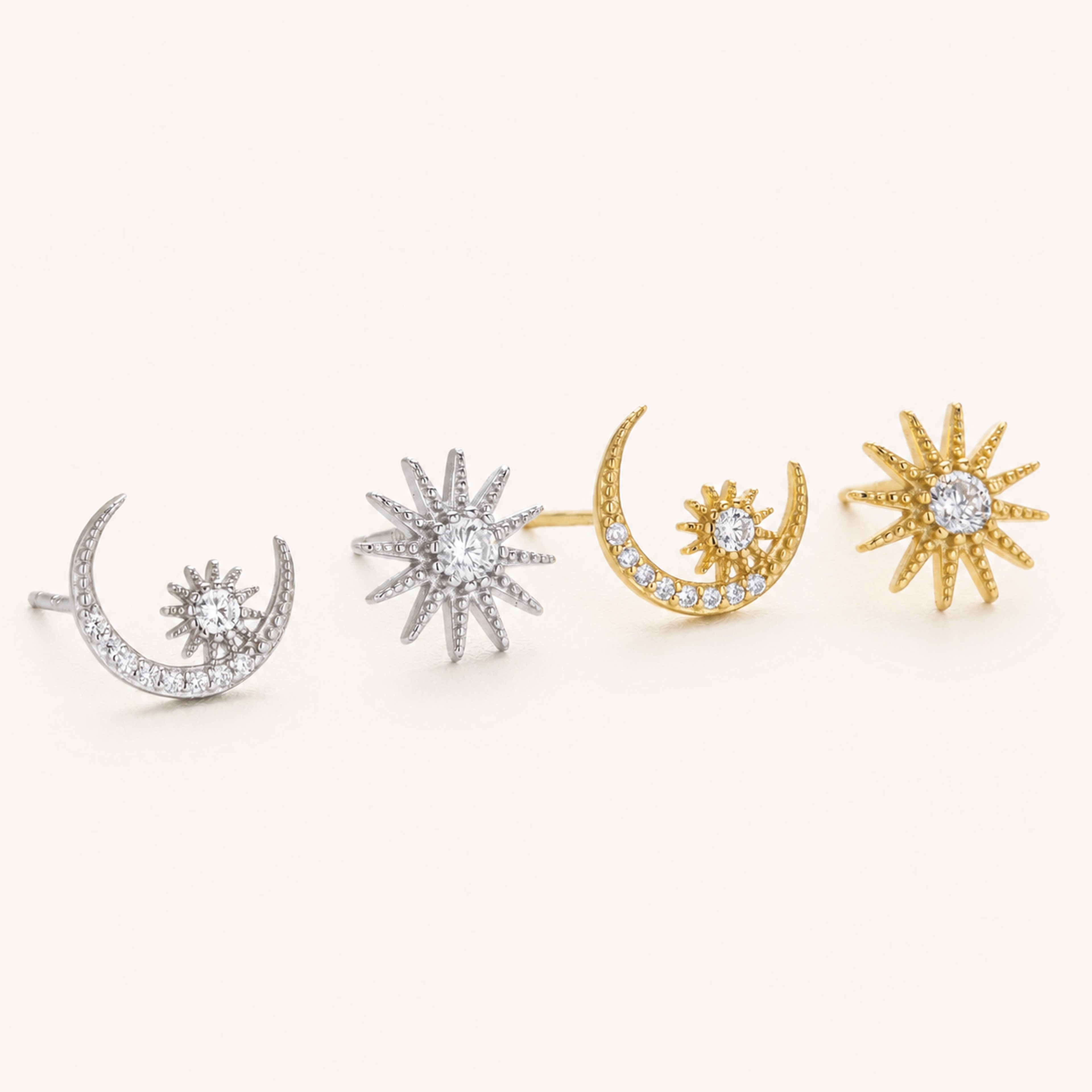 Sterling Silver Zirconia Star and Moon Stud Earrings detail