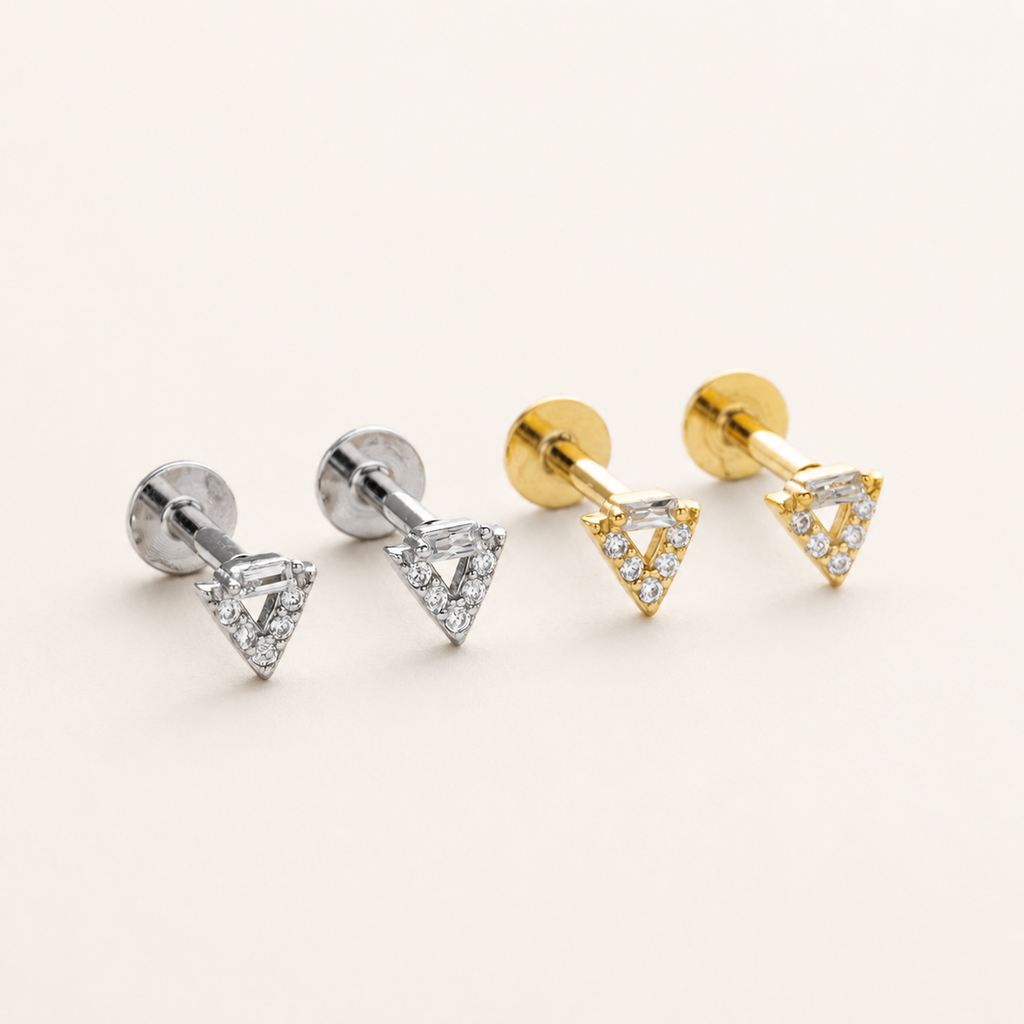 Sterling Silver Openwork Triangle Zirconia Flat Back Earrings detail