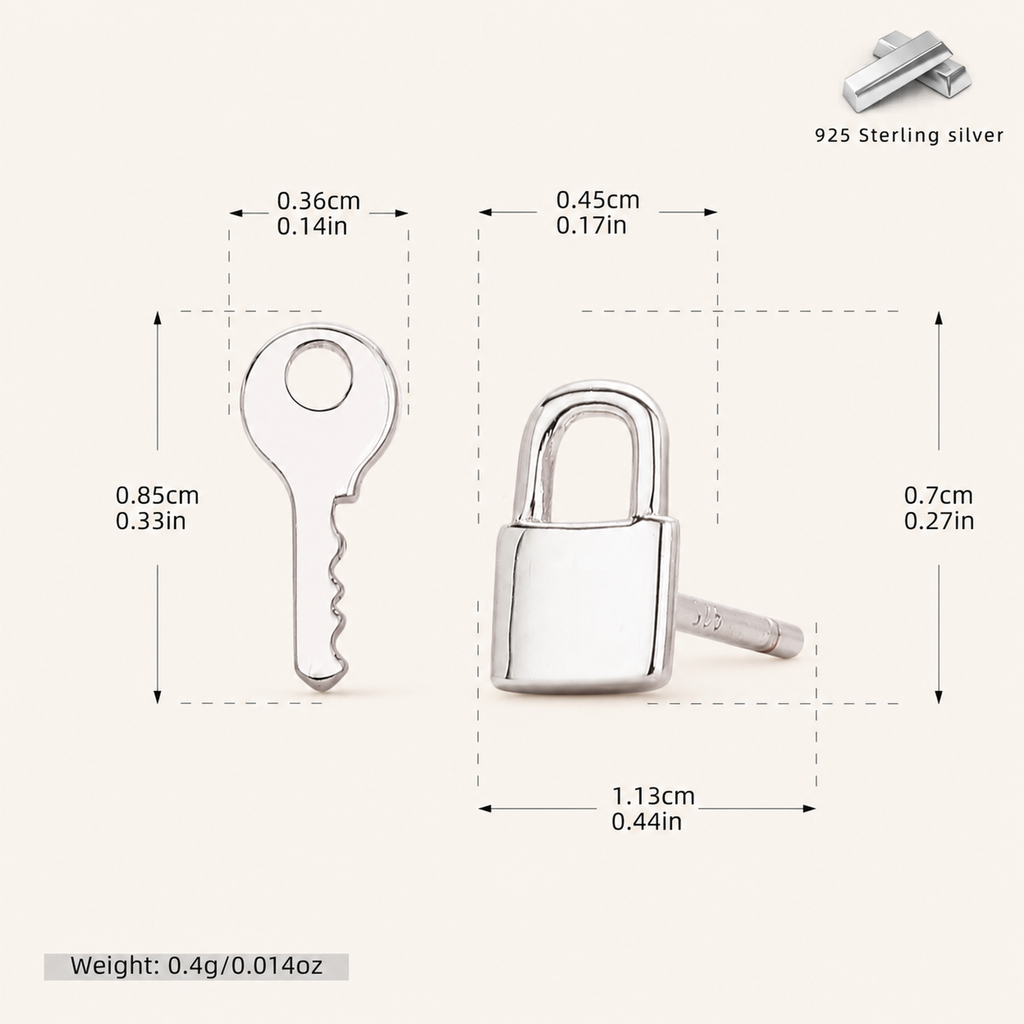 Sterling Silver Lock & Key Stud Earrings - Platinum