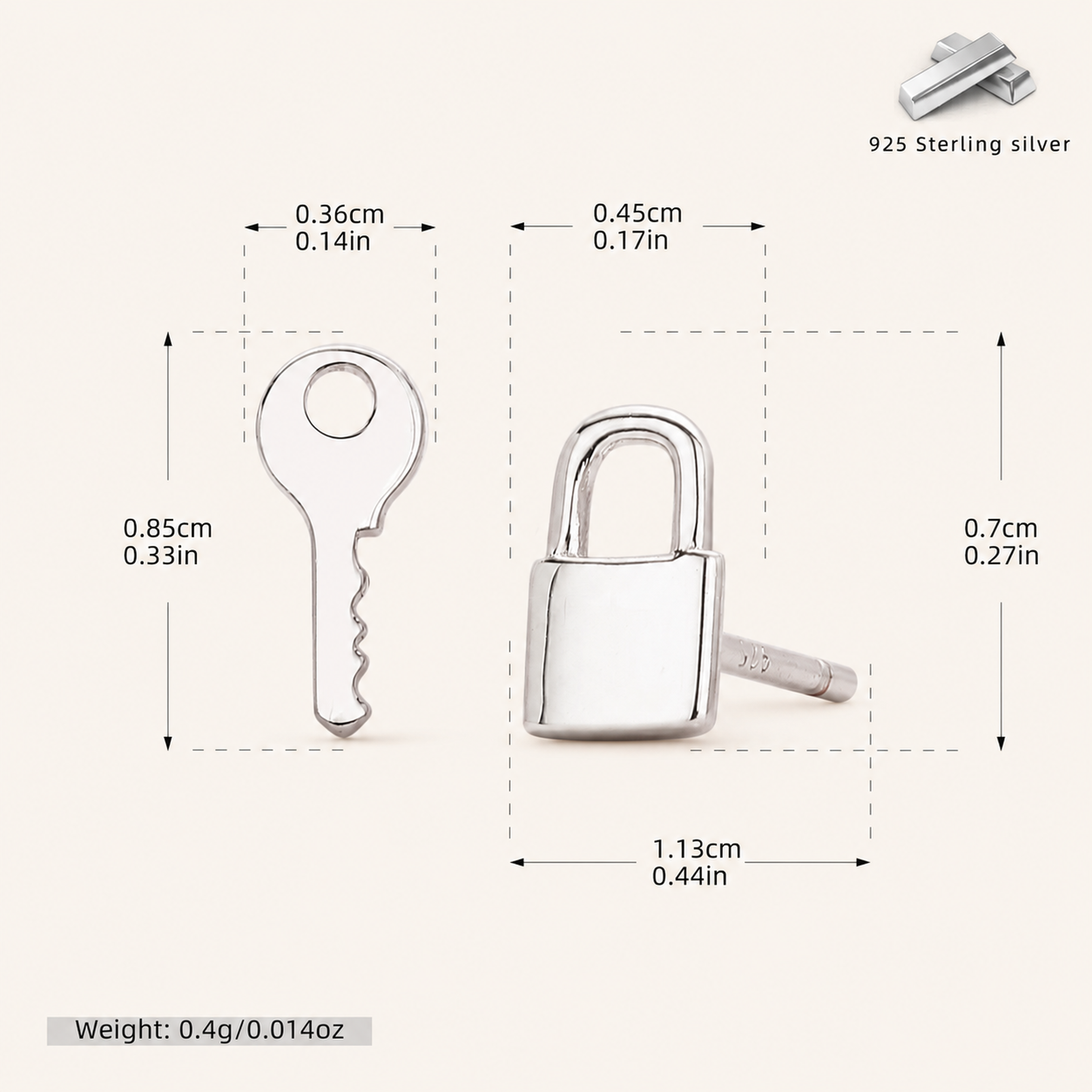 Sterling Silver Lock & Key Stud Earrings - Platinum