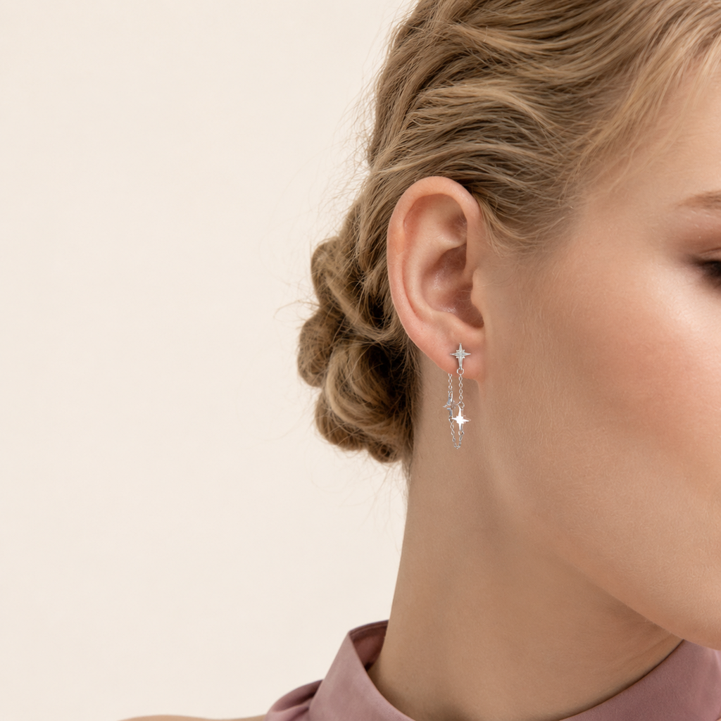 Sterling Silver Star Zirconia Tassel Drop Stud Earrings worn on the ear