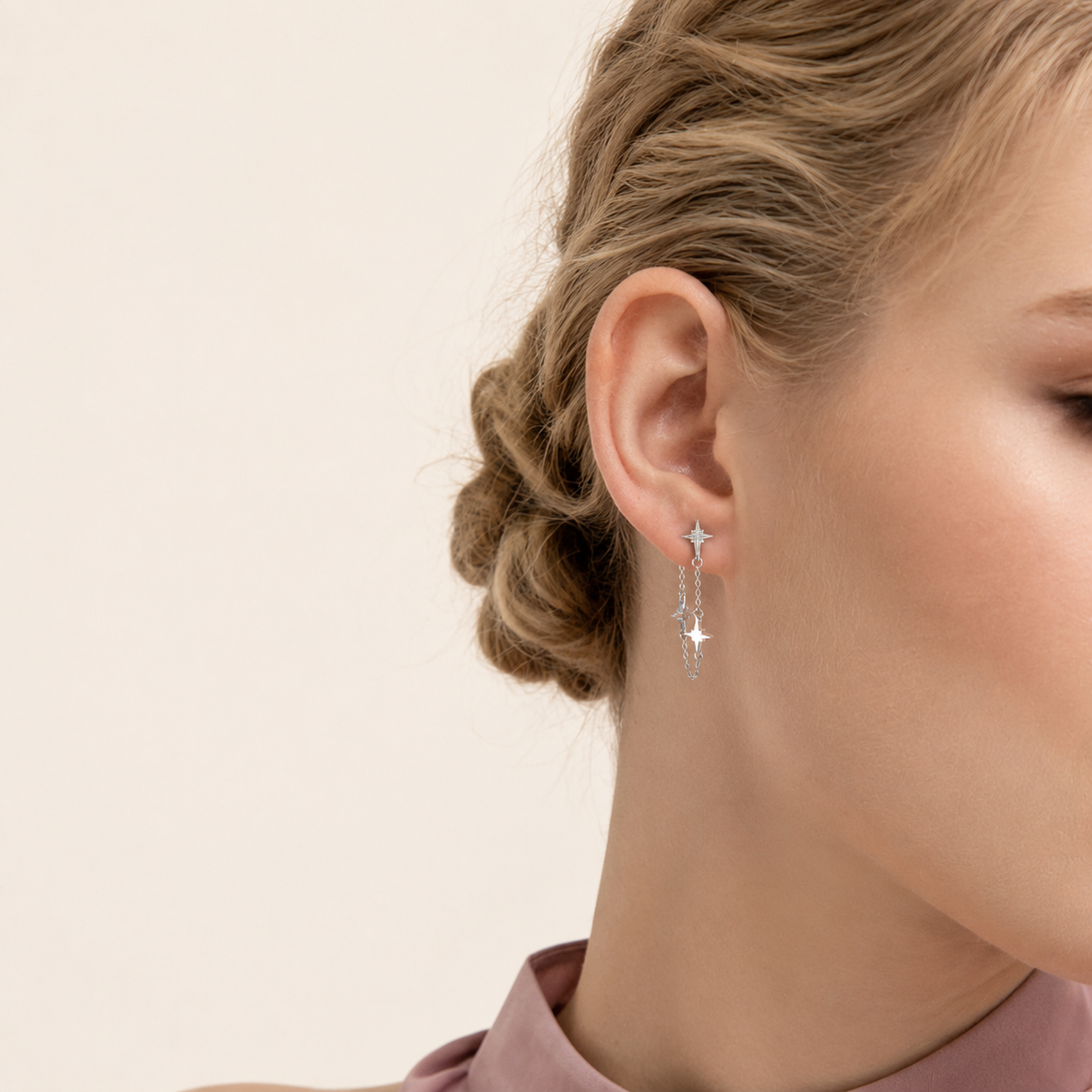 Sterling Silver Star Zirconia Tassel Drop Stud Earrings worn on the ear