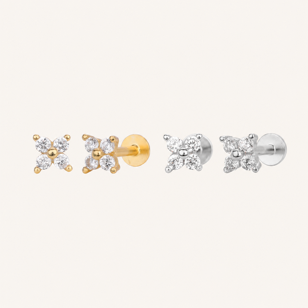 Sterling Silver Four-Leaf Clover Zirconia Flat Back Earrings