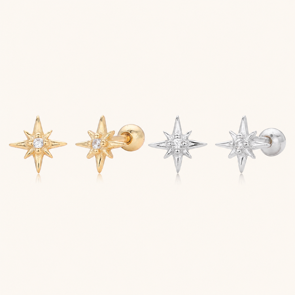 Sterling Silver Eight-Point Star Zirconia Flat Back Earrings