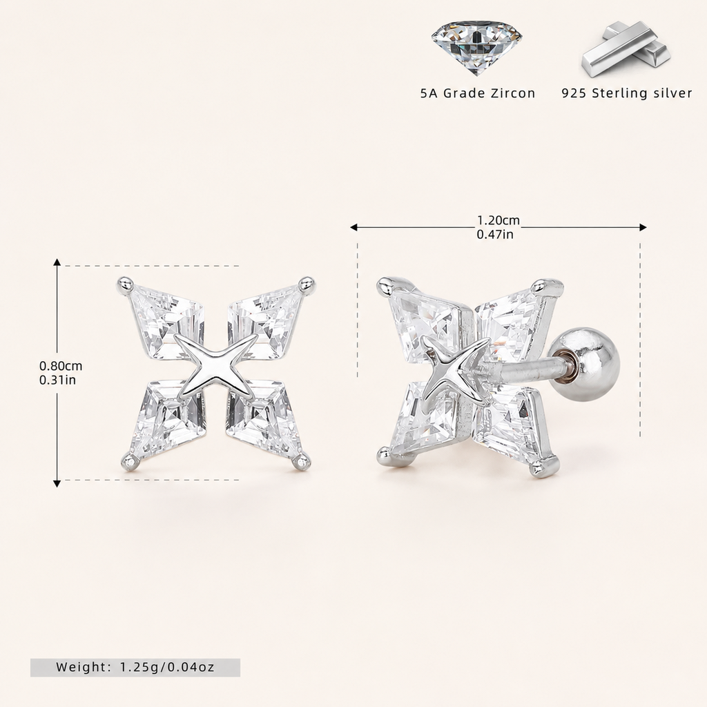 Sterling Silver Four-Point Star Zirconia Flat Back Earrings - Platinum