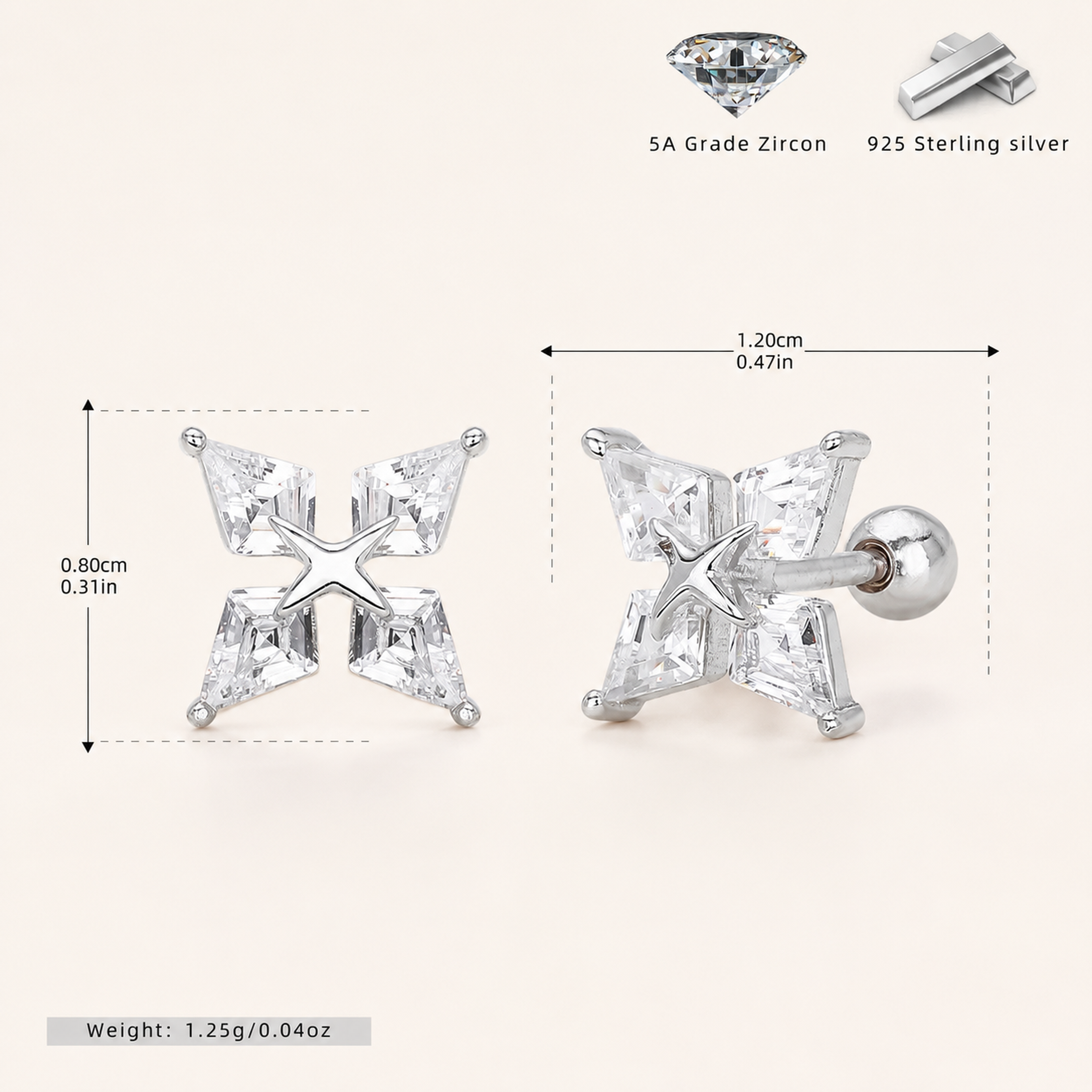 Sterling Silver Four-Point Star Zirconia Flat Back Earrings - Platinum
