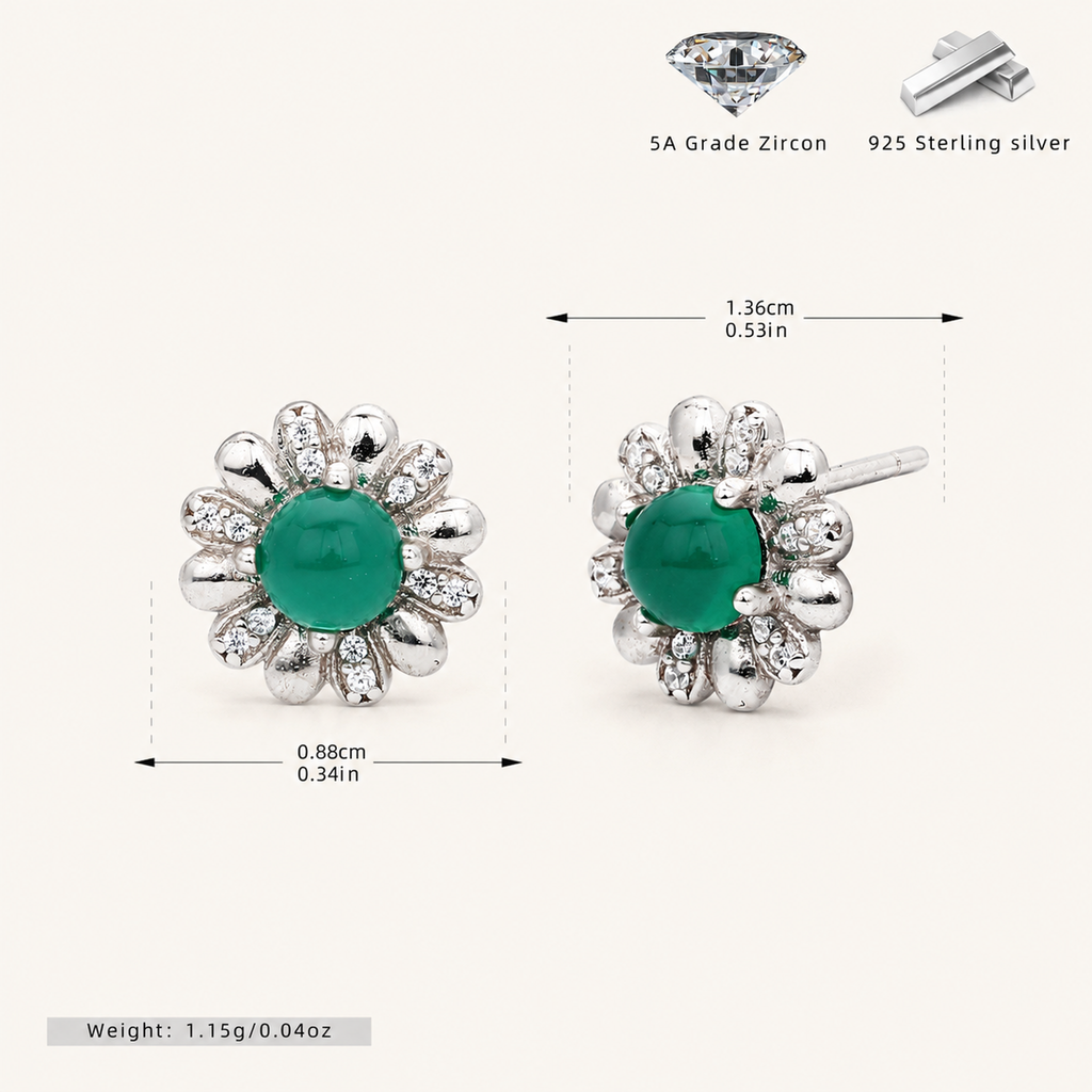Sterling Silver Green Zirconia Flower Stud Earrings - Platinum