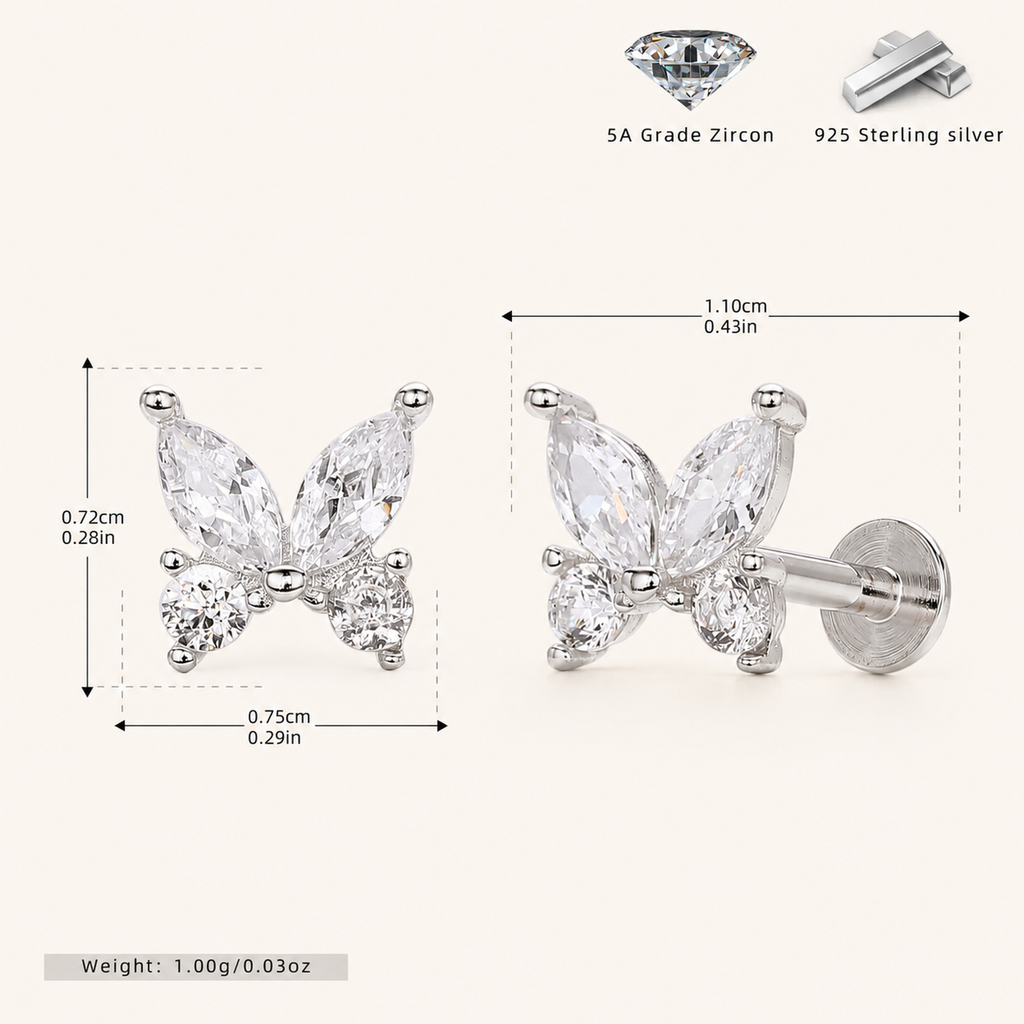Sterling Silver Butterfly Zirconia Flat Back Earrings - Platinum