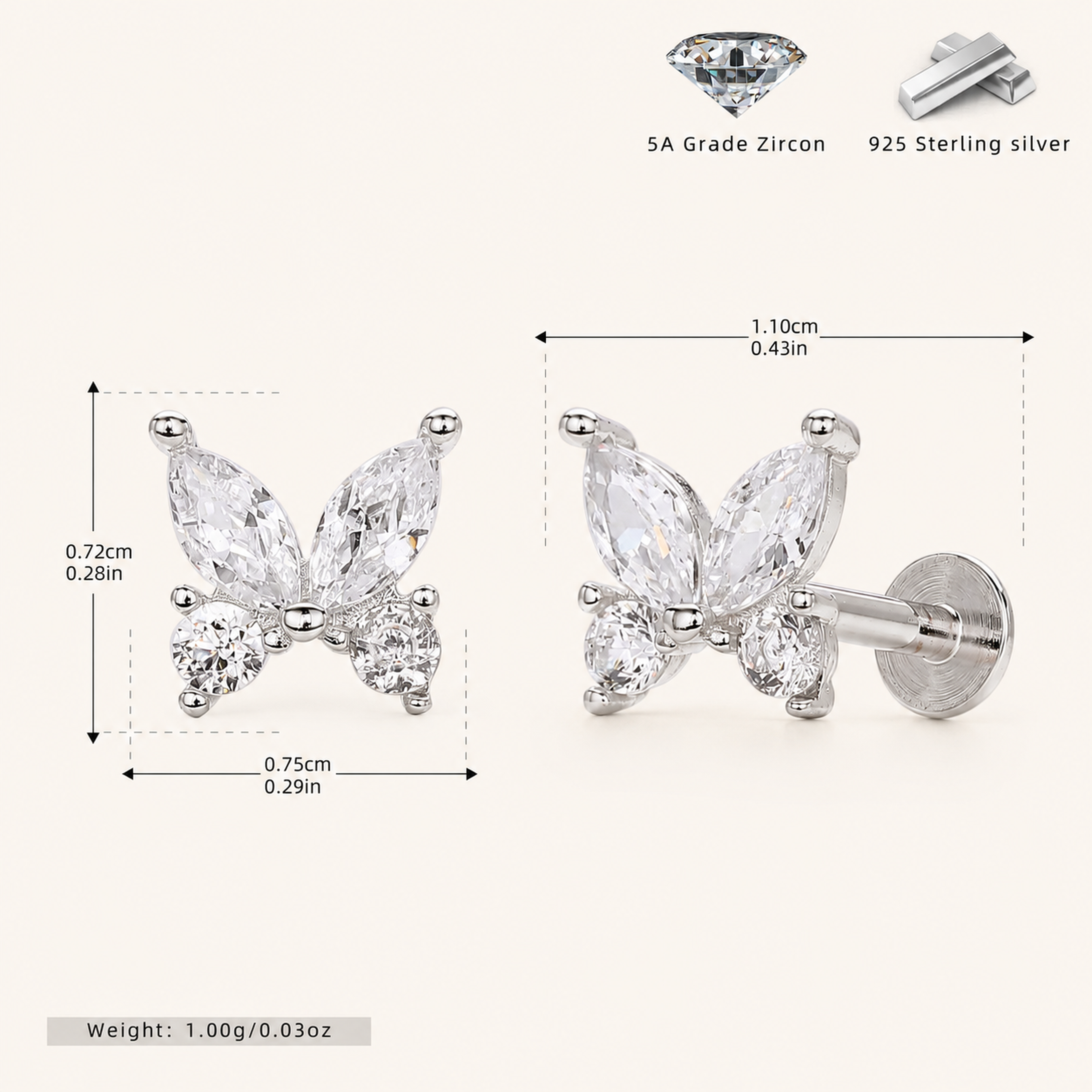 Sterling Silver Butterfly Zirconia Flat Back Earrings - Platinum