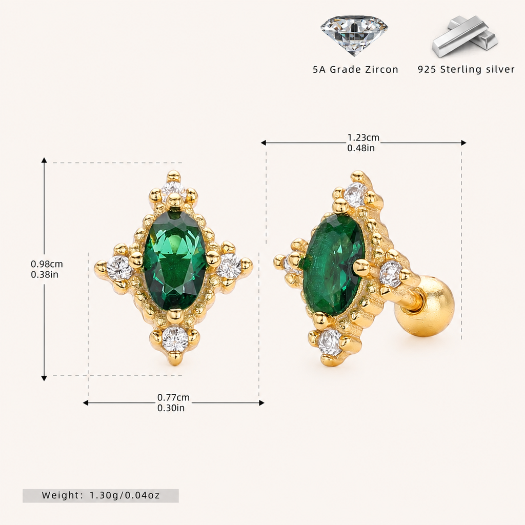 Sterling Silver Vintage Emerald-Cut Zirconia Flat Back Earrings - Gold / Green