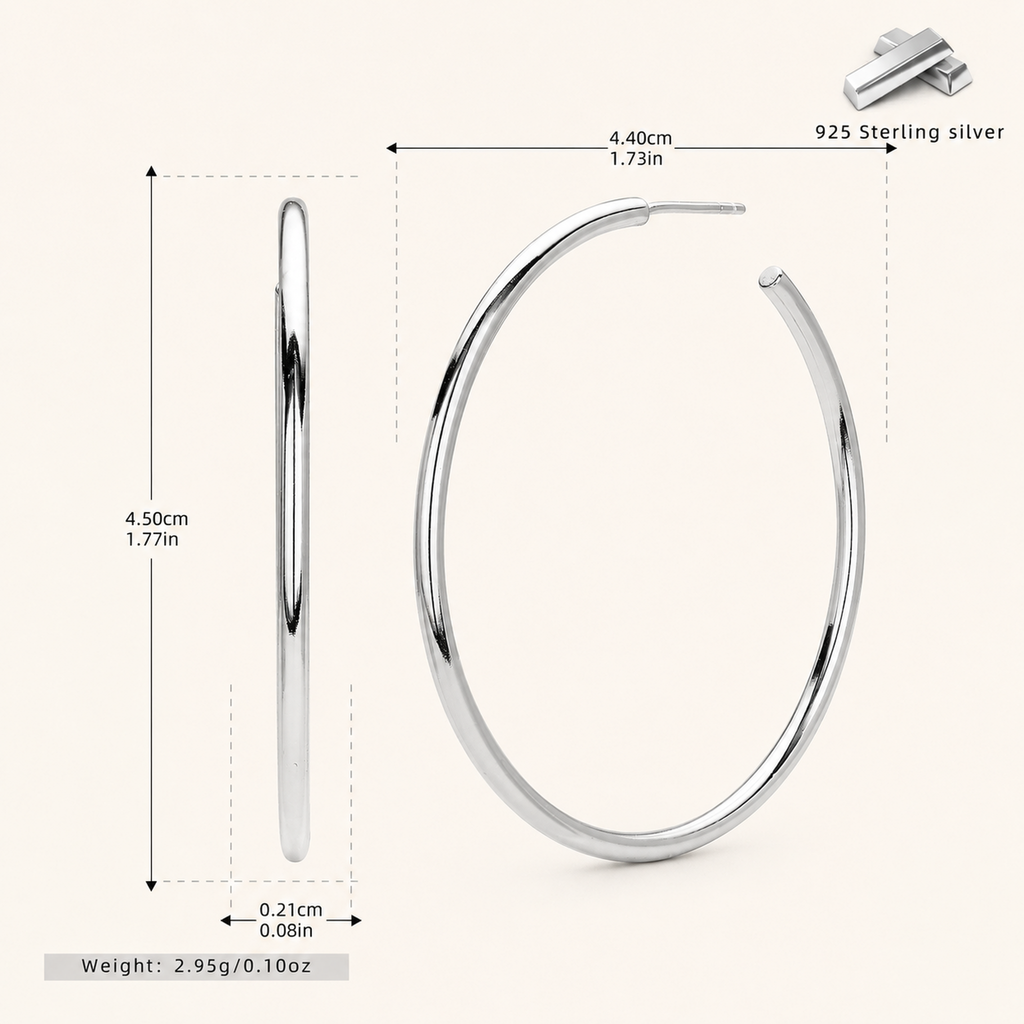 Sterling Silver Polished Round Hoop Earrings - Platinum / 40mm